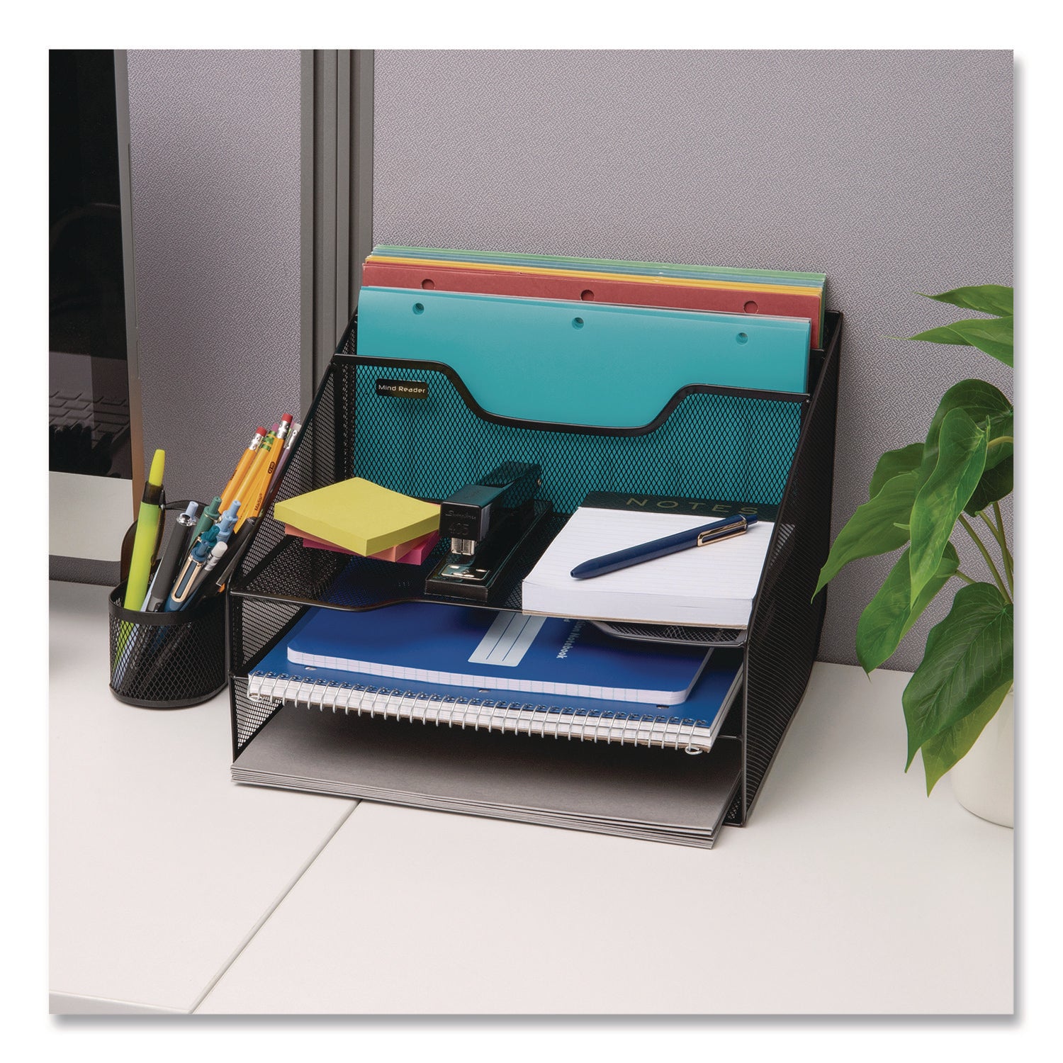 Mind Reader Metal Mesh Vertical File Holder Paper Tray Desktop Organizer, 2-Tier/5-Compartment, Letter Size, 11.25 x 12.5 x 9.5, Black