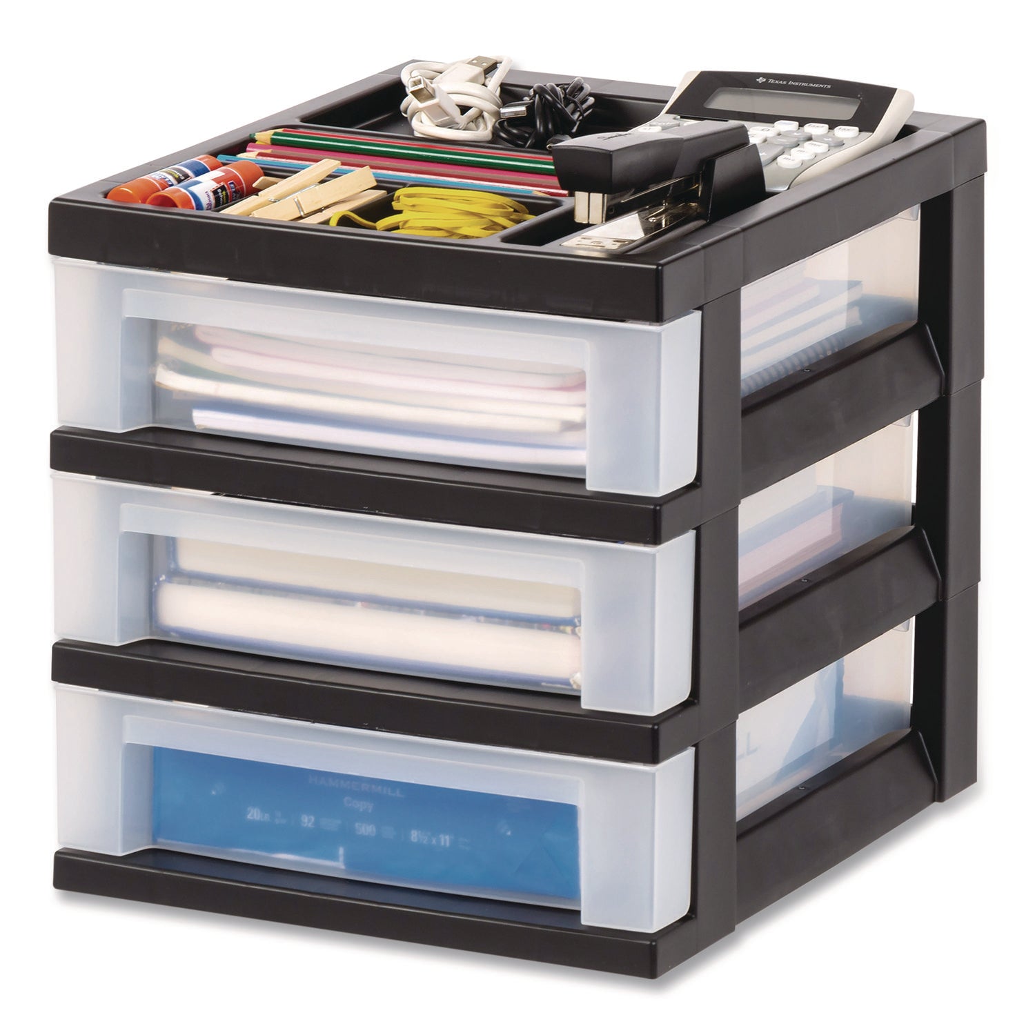 IRIS 3-Drawer Desktop Storage with Top Organizer Tray, Plastic, 12.17 x 14.33 x 12.93, Black/Translucent