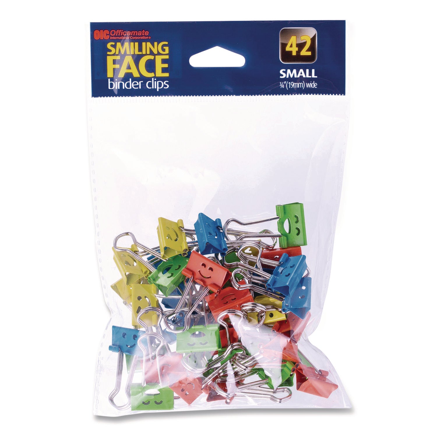Officemate Smiling Face Binder Clips, Small, Assorted Colors, 42/Pack