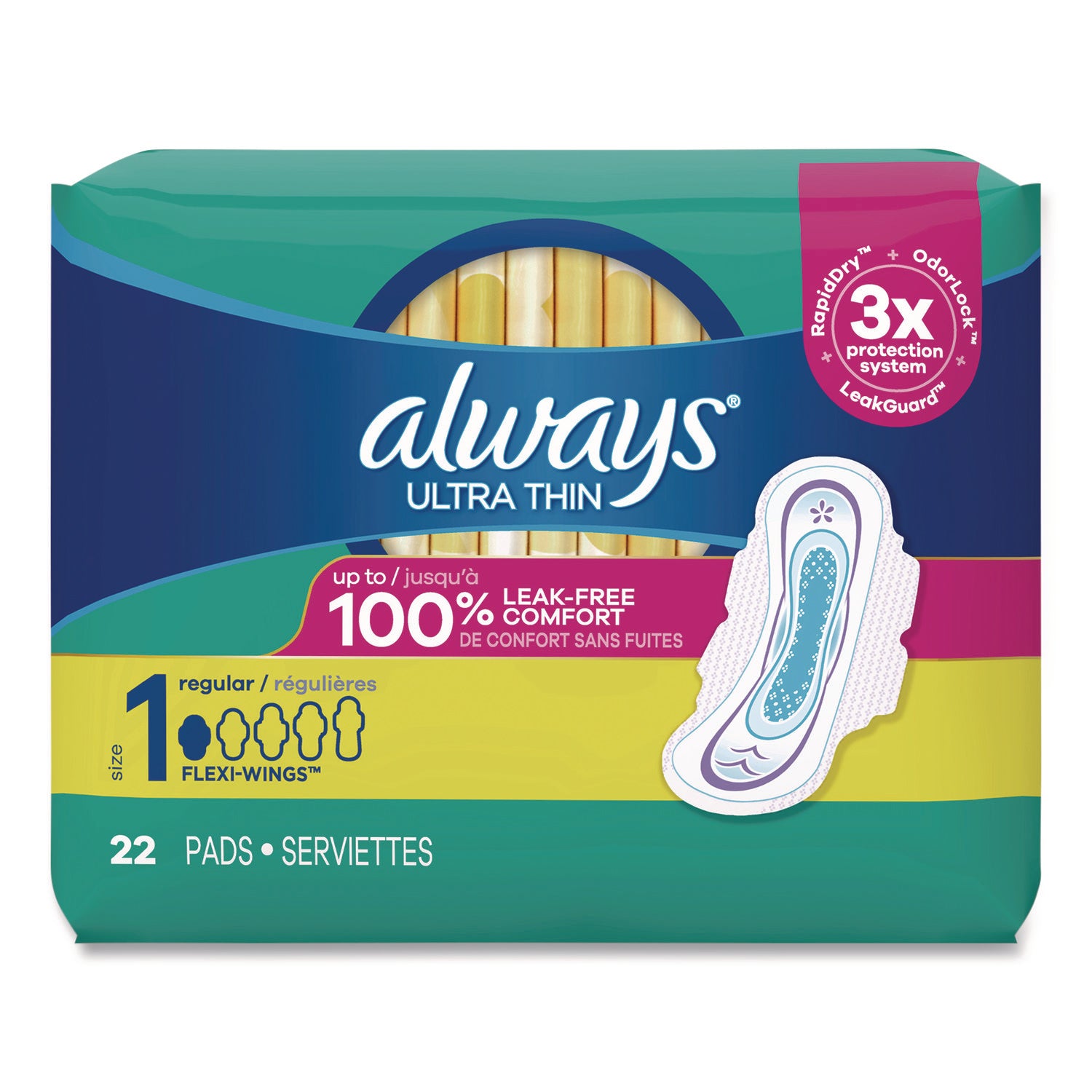 Always® Ultra Thin Pads with Wings, Size 1, Regular Absorbency, 22 Pads/Pack, 12 Packs/Carton