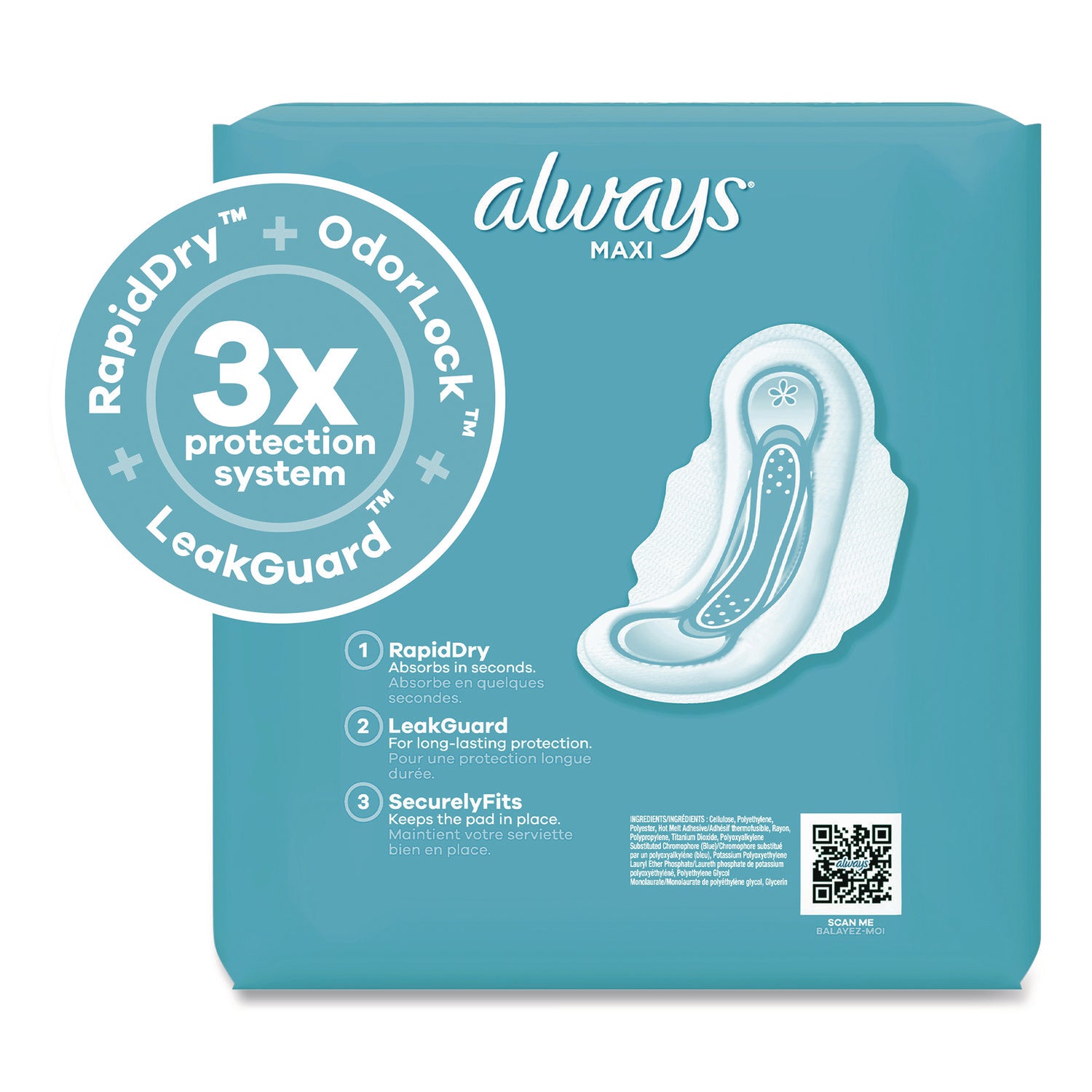 Always® Maxi Long Super Daytime Pad with Wings, Size 2, Super Absorbency, 18/Pack, 8 Packs/Carton