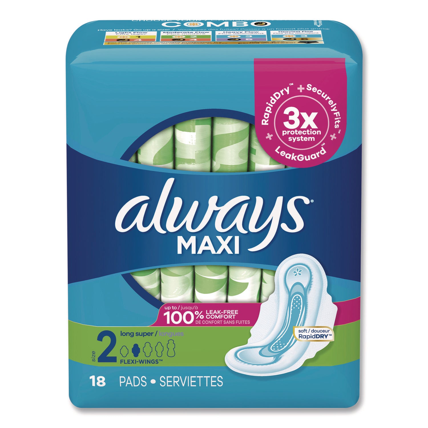 Always® Maxi Long Super Daytime Pad with Wings, Size 2, Super Absorbency, 18/Pack, 8 Packs/Carton
