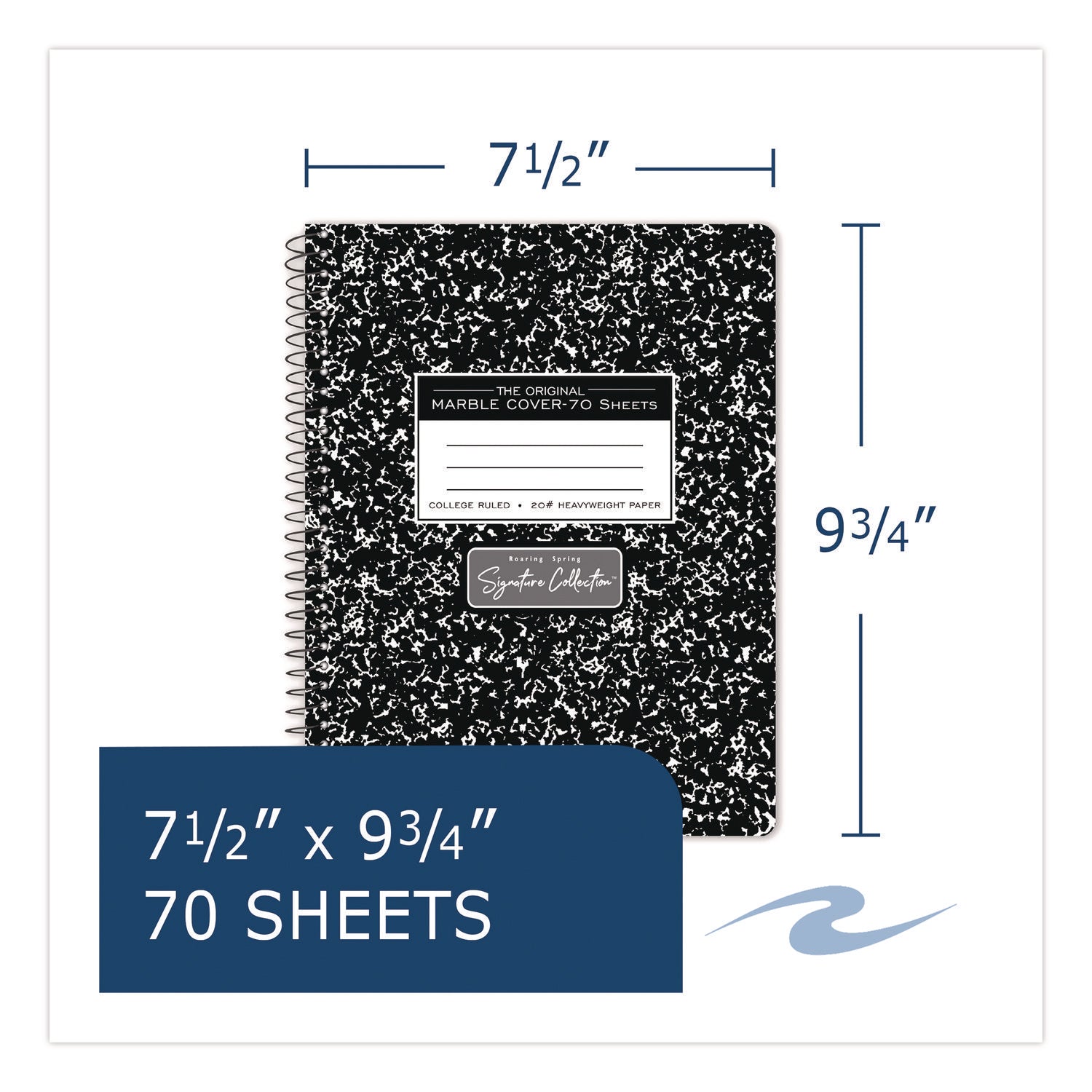 Roaring Spring® Signature Collection Spiralbound Composition Book, Medium/College Rule, Black Marble Cover, (70) 9.75 x 7 Sheets
