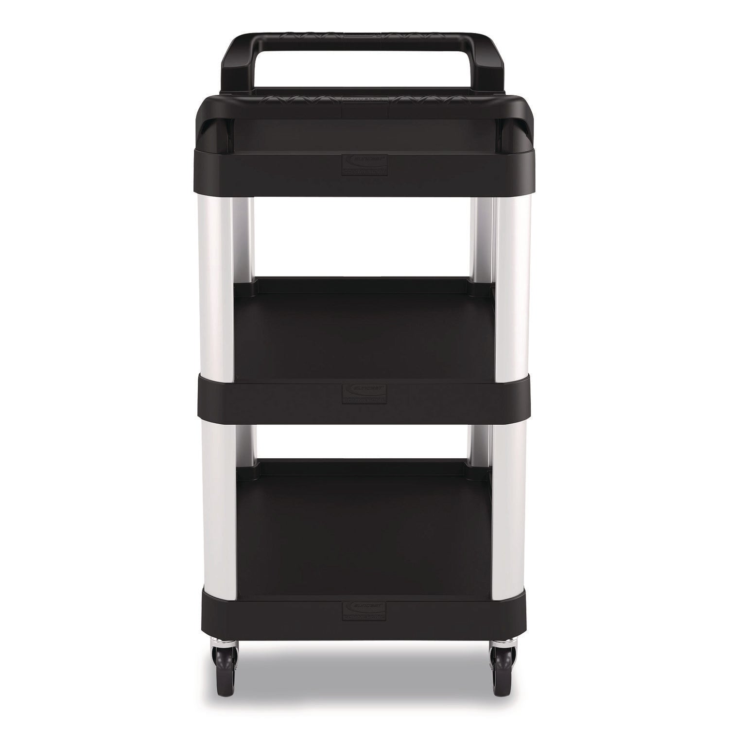 Suncast Commercial® Three-Shelf Service Cart, Metal/Plastic, 3 Shelves, 300 lb Capacity, 20" x 34" x 37.92", Black