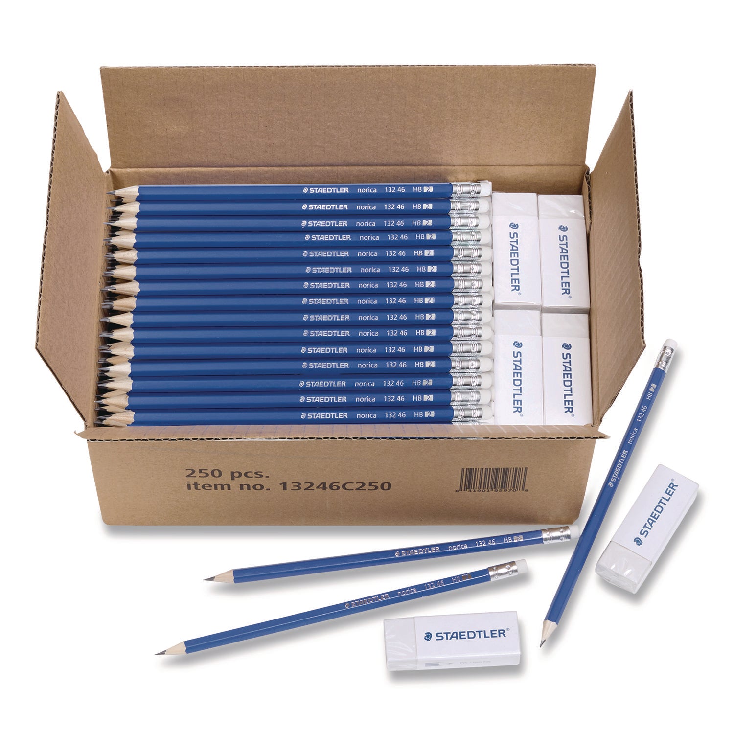 Staedtler® Pre-Sharpened Wooden Pencils with (20) Block Erasers, HB #2 Black Lead, Blue Barrel, 250/Pack