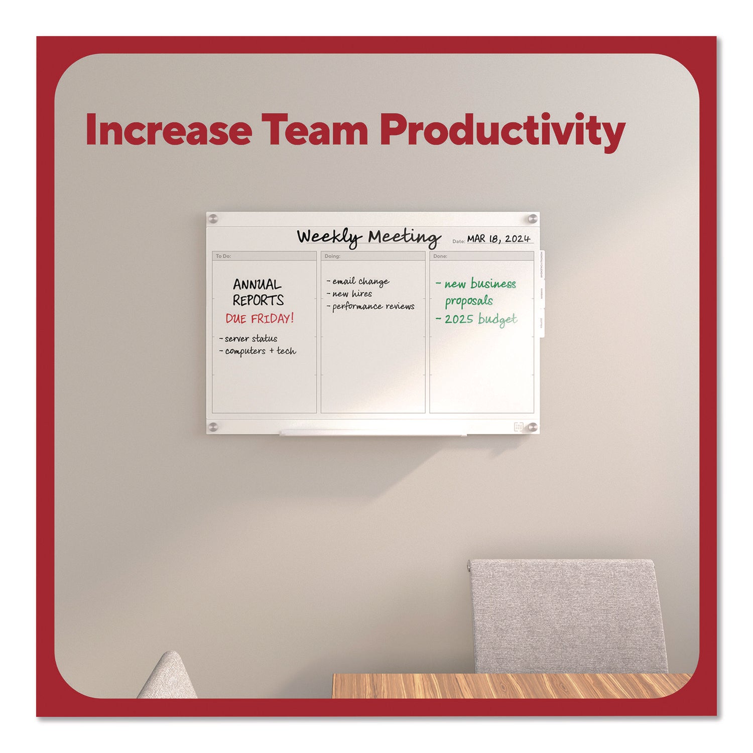 TRU RED™ Magnetic Glass Dry Erase Board with Templates, Six Views, 3 ft x 2 ft, White Surface