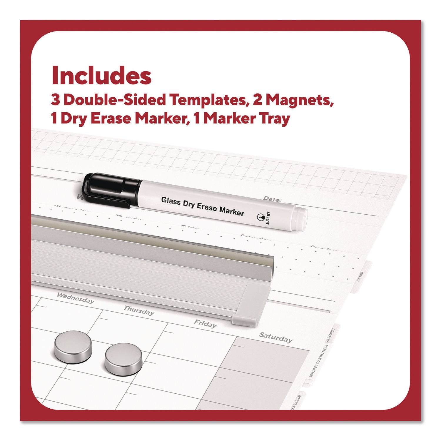 TRU RED™ Magnetic Glass Dry Erase Board with Templates, Six Views, 3 ft x 2 ft, White Surface