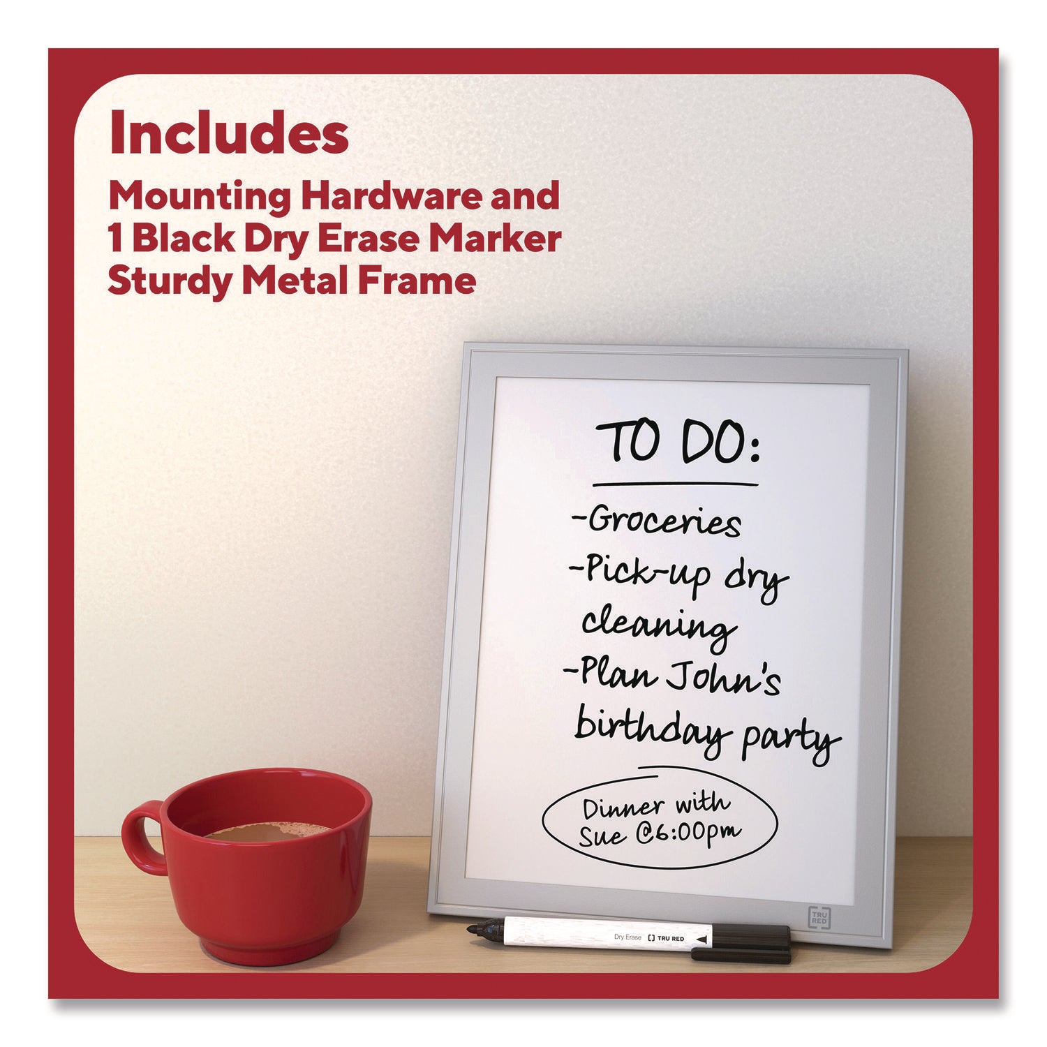 TRU RED™ Mini Melamine Dry Erase Board, 8.5" x 11" White Surface, Aluminum Frame