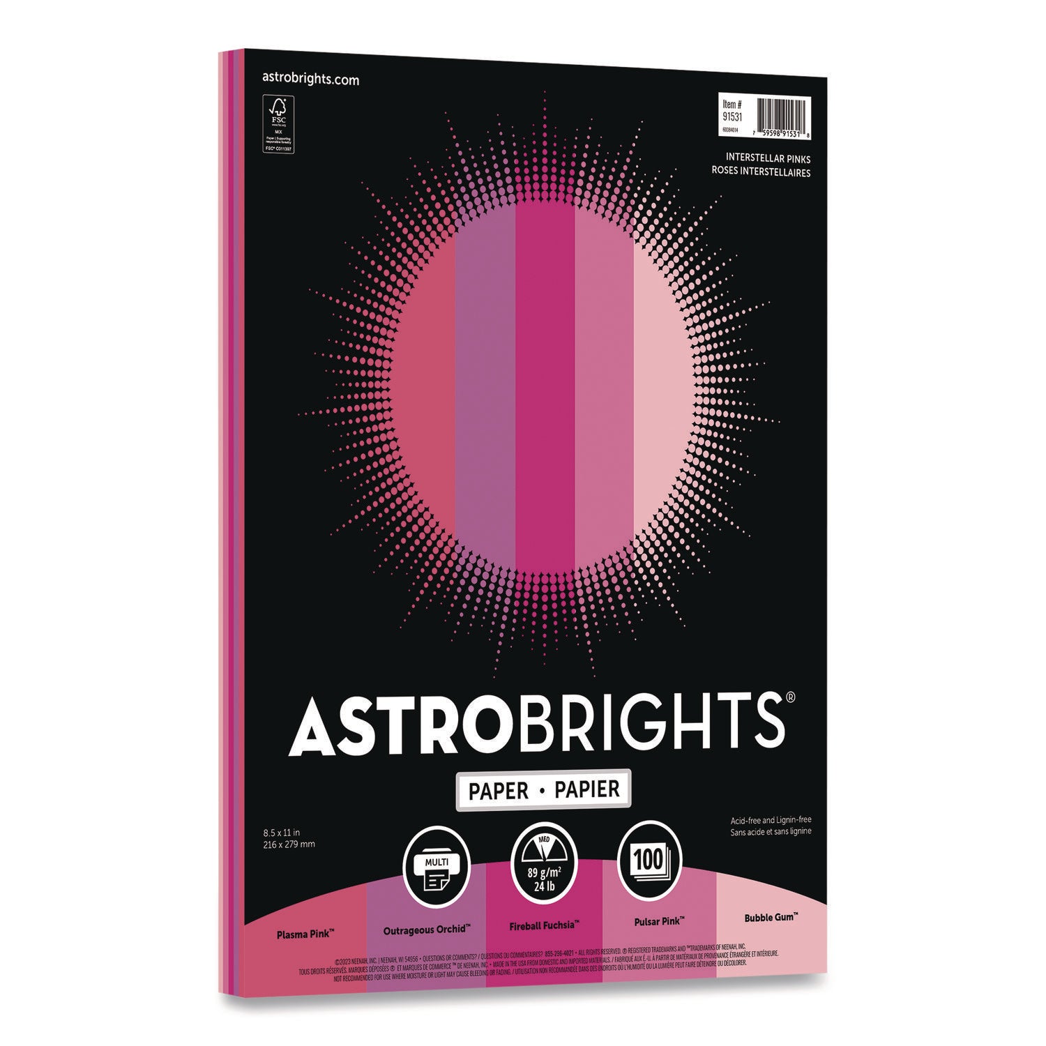 Astrobrights® Color Paper - "Interstellar Pinks" Assortment, 24 lb Bond Weight, 8.5 x 11, Assorted Pink Colors, 100/Pack