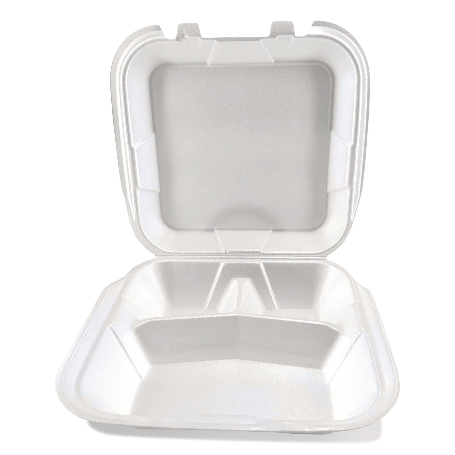 Plastifar Foam Hinged Lid Containers, 3-Compartment, 9 x 10 x 3, White, Foam, 200/Carton
