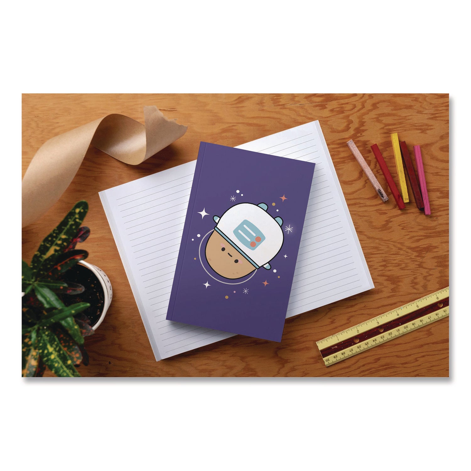 Denik Smoko Astro Tayto Layflat Notebook, 1 Subject, Medium/College Rule, Blue/White/Tan Cover, (72) 8 x 5 Sheets