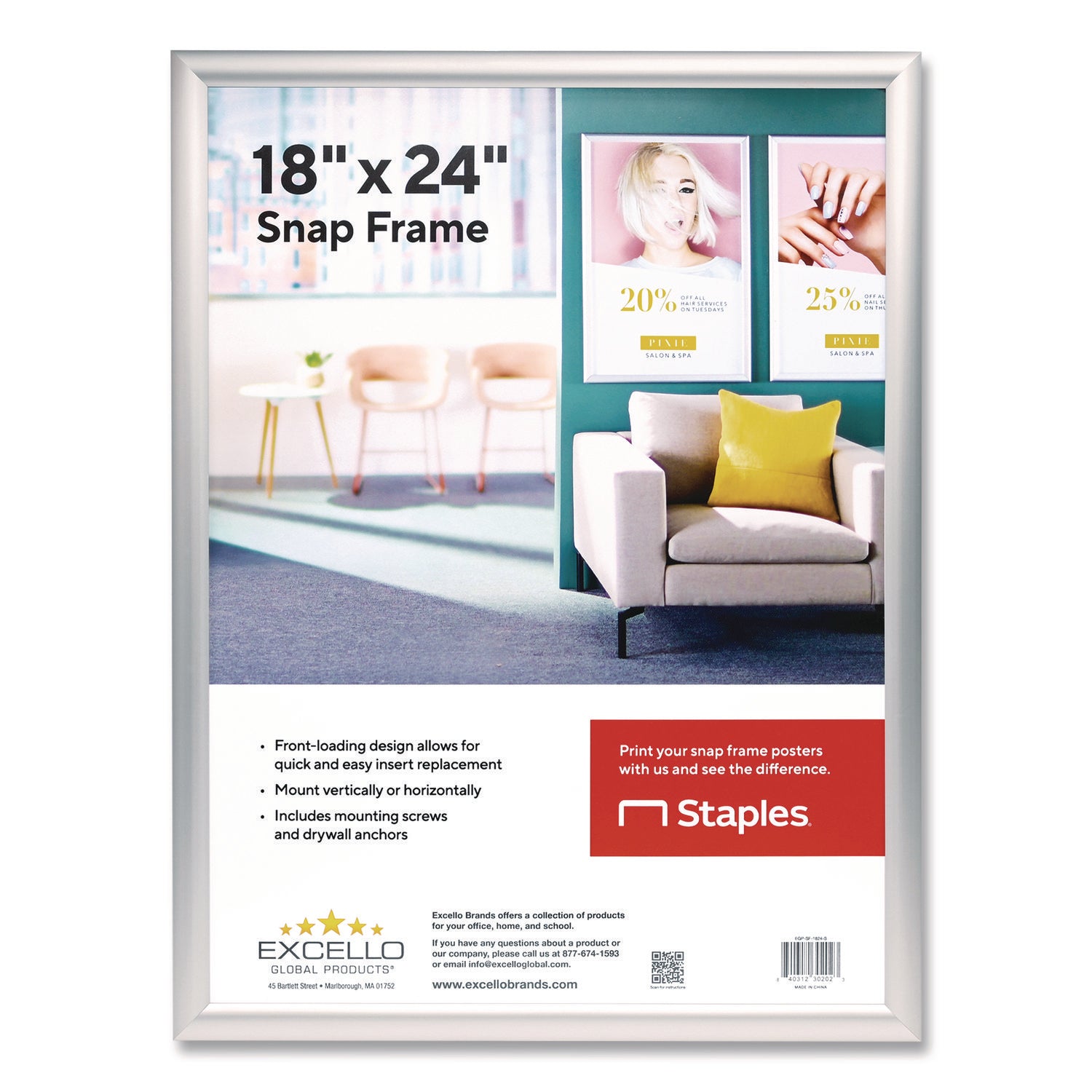 Excello Global Products® Poster Holder, Aluminum, 18 x 24, Silver