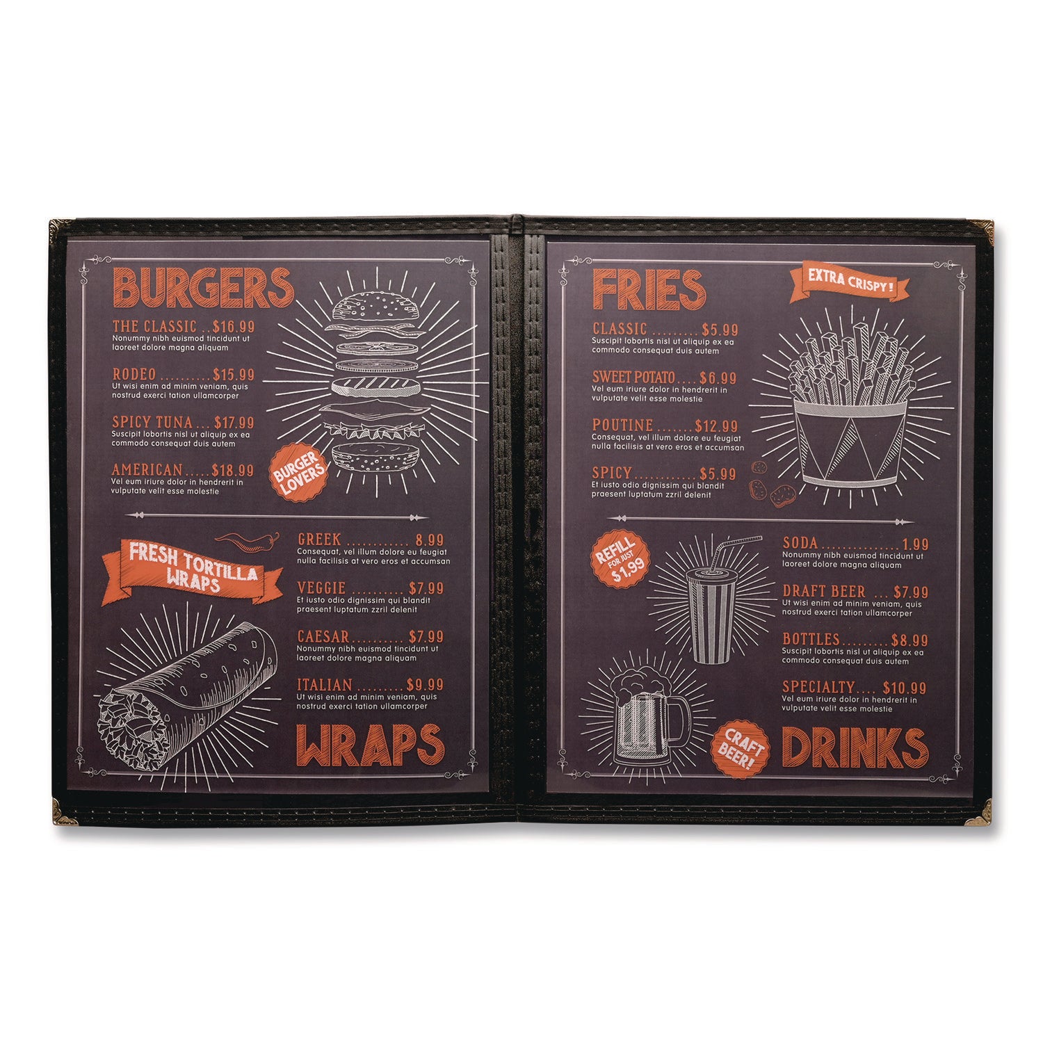 Excello Global Products® Menu Holder For 8.5 x 11 Menus, Portrait Orientation, 4-View, 9.6 x 12 Holder, Clear/Black/Silver, 10/Pack