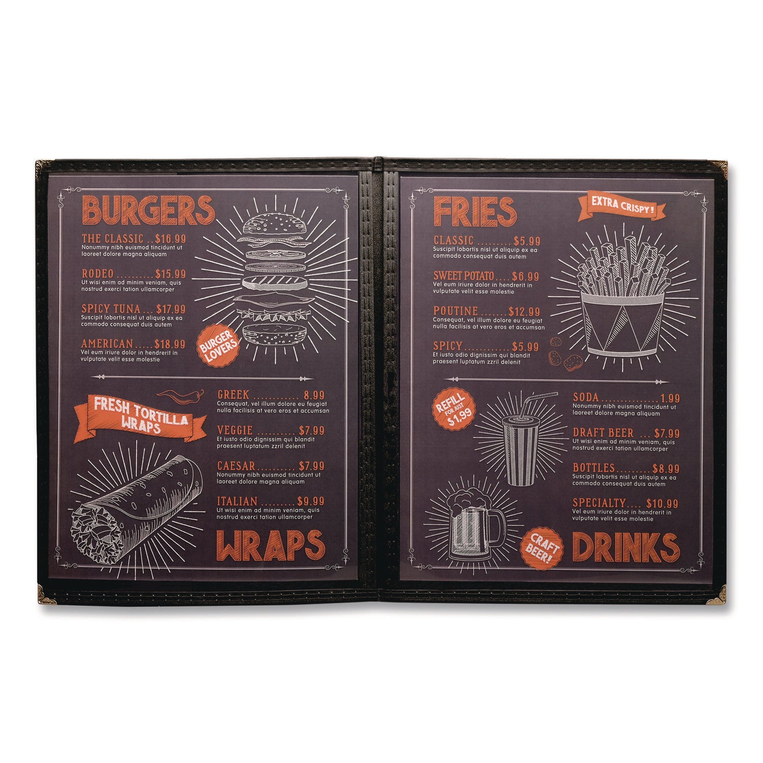 Excello Global Products® Menu Holder For 8.5 x 11 Menus, Portrait Orientation 4-View, 9.6 x 11.9, Clear/Black/Silver