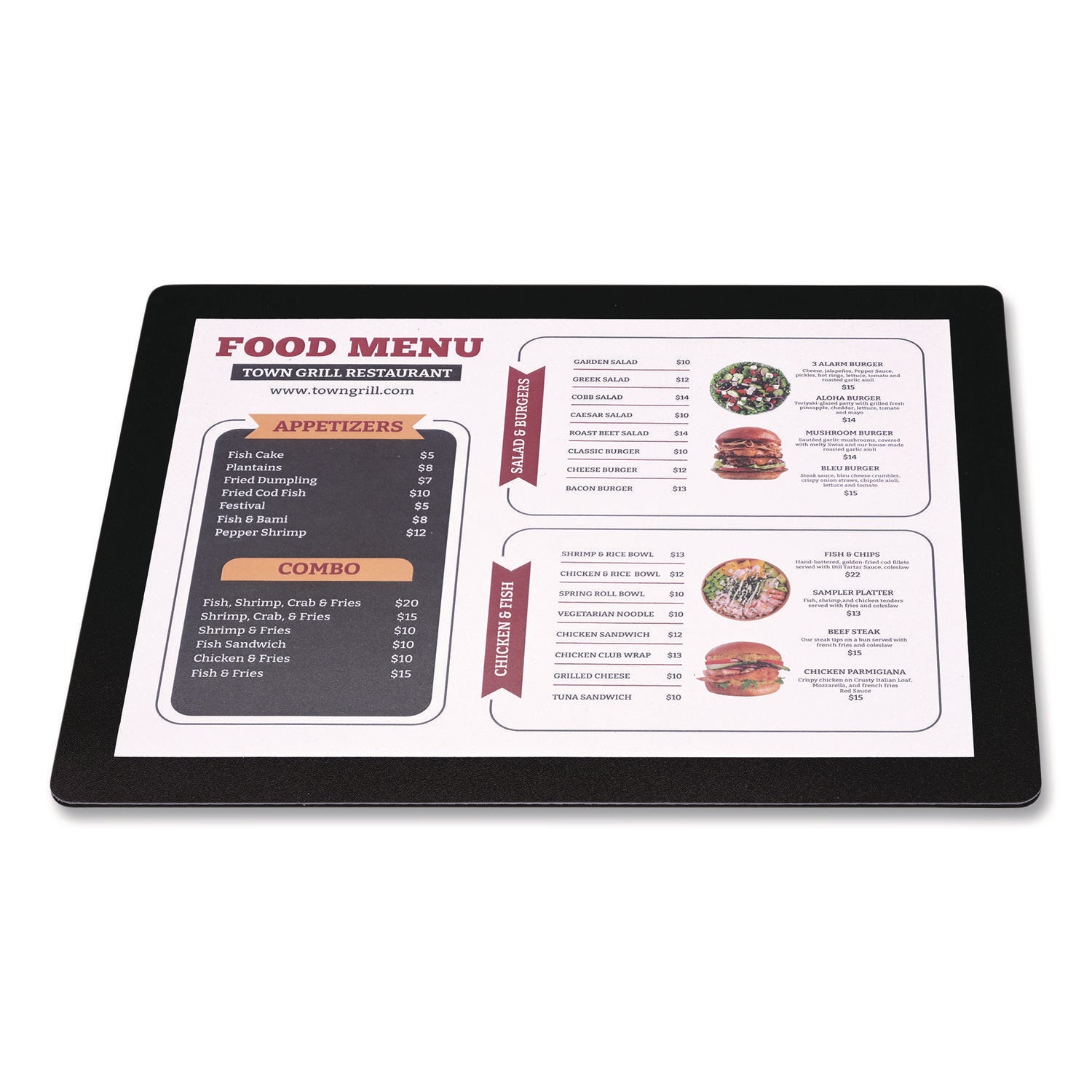 Excello Global Products® Menu Holder For 8.5 x 11 Menus, Landscape Orientation, 12.6 x 10.2 Holder, Clear/Black