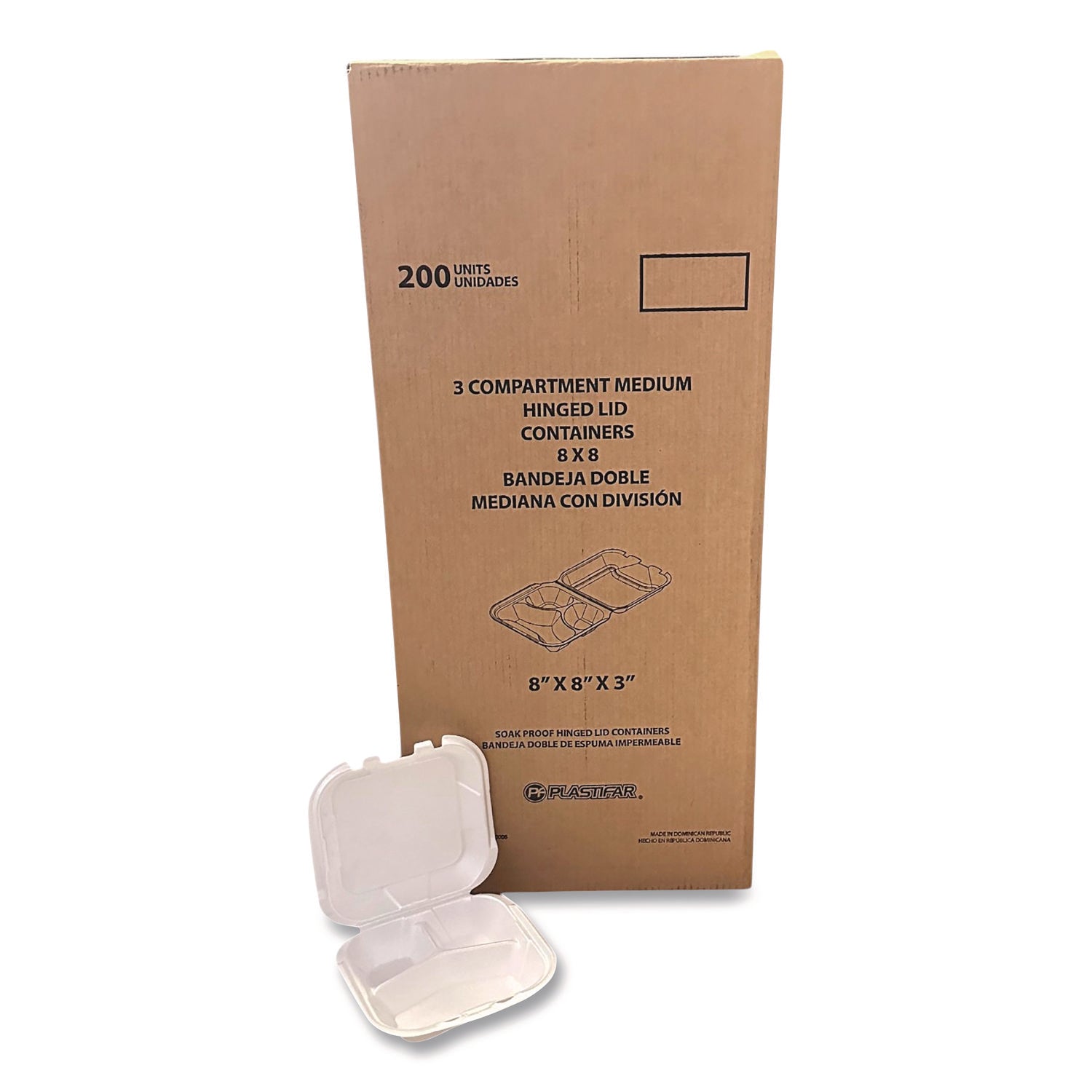 Plastifar Foam Hinged Lid Containers, 3-Compartment, 8.56 x 8 x 2.76, White, Foam, 200/Carton