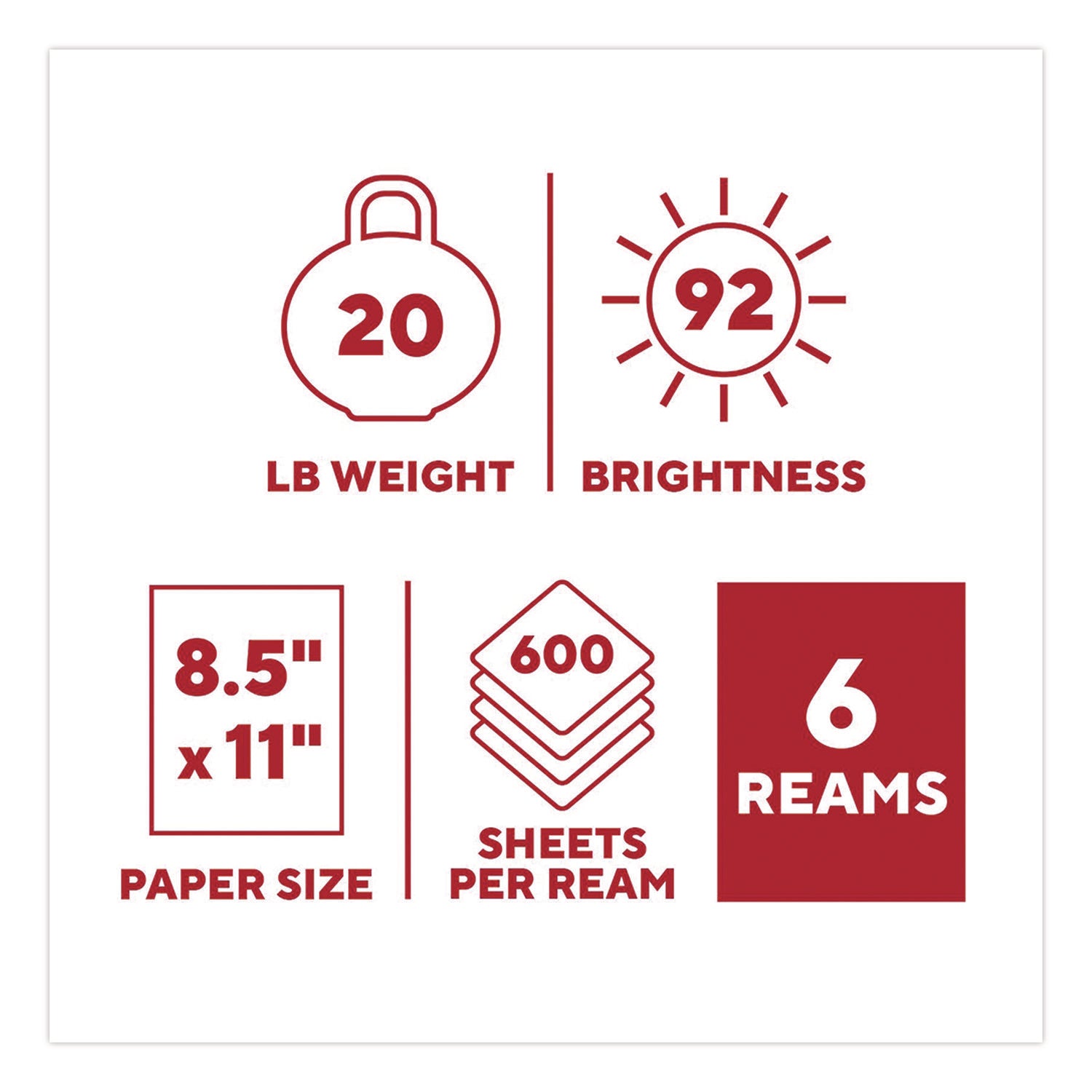 TRU RED™ Copy Paper, 92 Bright, 20 lb Bond Weight, 8.5 x 11, 600 Sheets/Ream, 6 Reams/Carton
