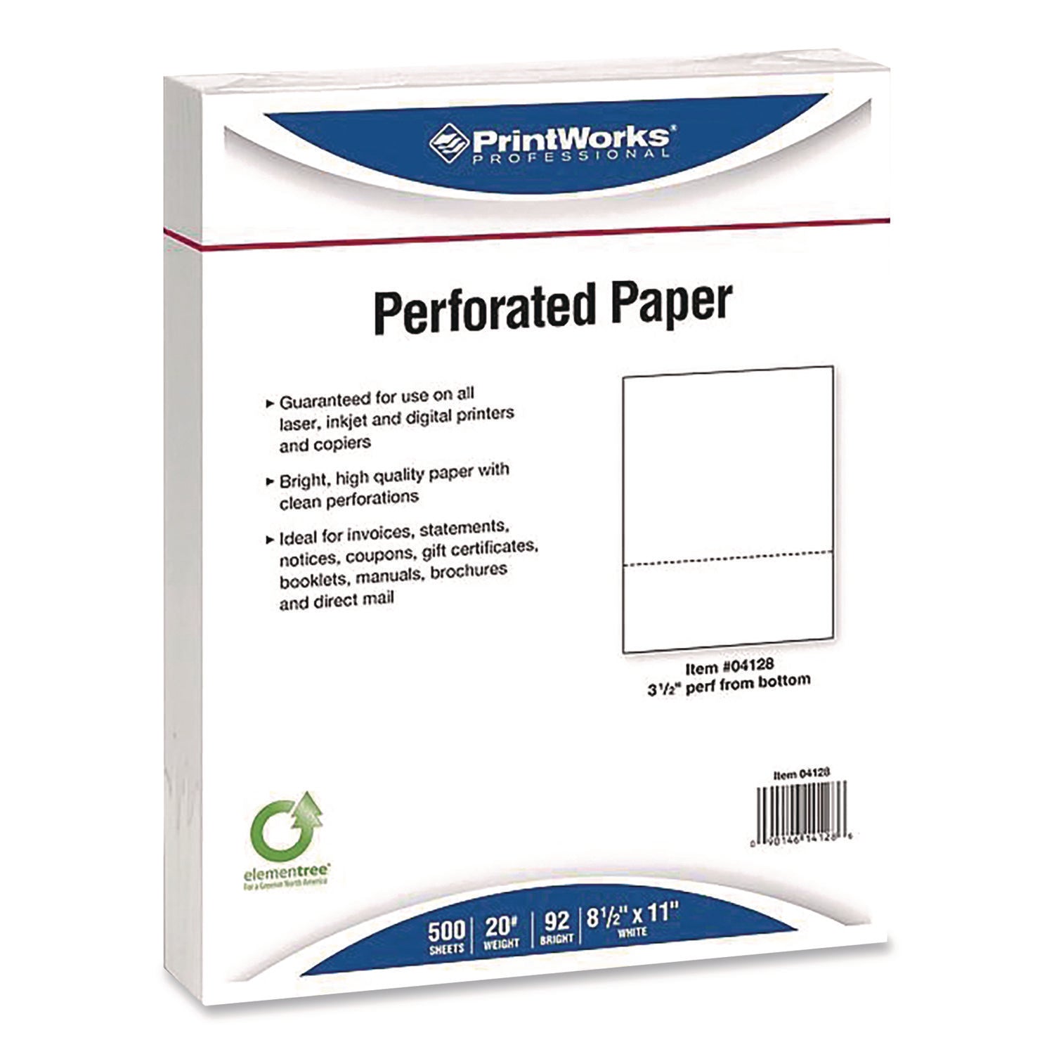 PrintWorks® Professional Perforated Paper, 92 Bright, Perforated 3.5" from Bottom, 8.5 x 11, White, 500 Sheets/Ream, 5 Reams/Carton