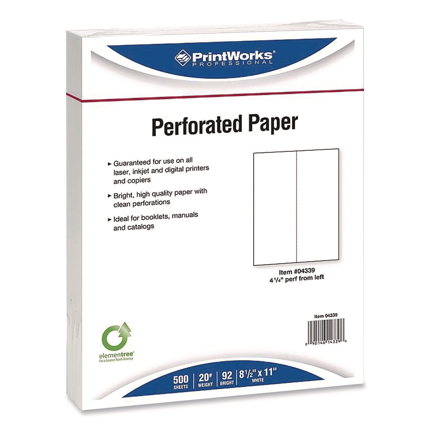 PrintWorks® Professional Perforated Paper, 92 Bright, Perforated 4.25" from Left, 8.5 x 11, White, 500 Sheets/Ream, 5 Reams/Carton