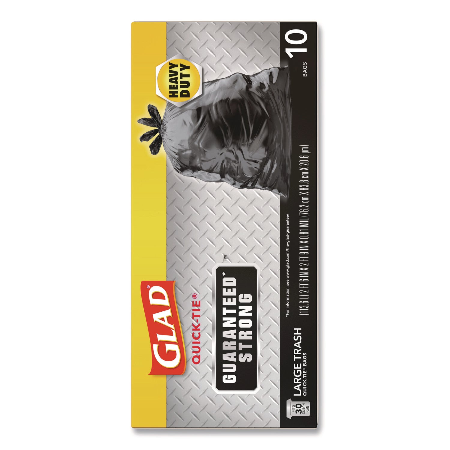 Glad® Large Quick-Tie Trash Bags, Tie-Flap, 30 gal, 0.81 mil, 30 x 33, Black, 10 Bags/Box, 12 Boxes/Carton