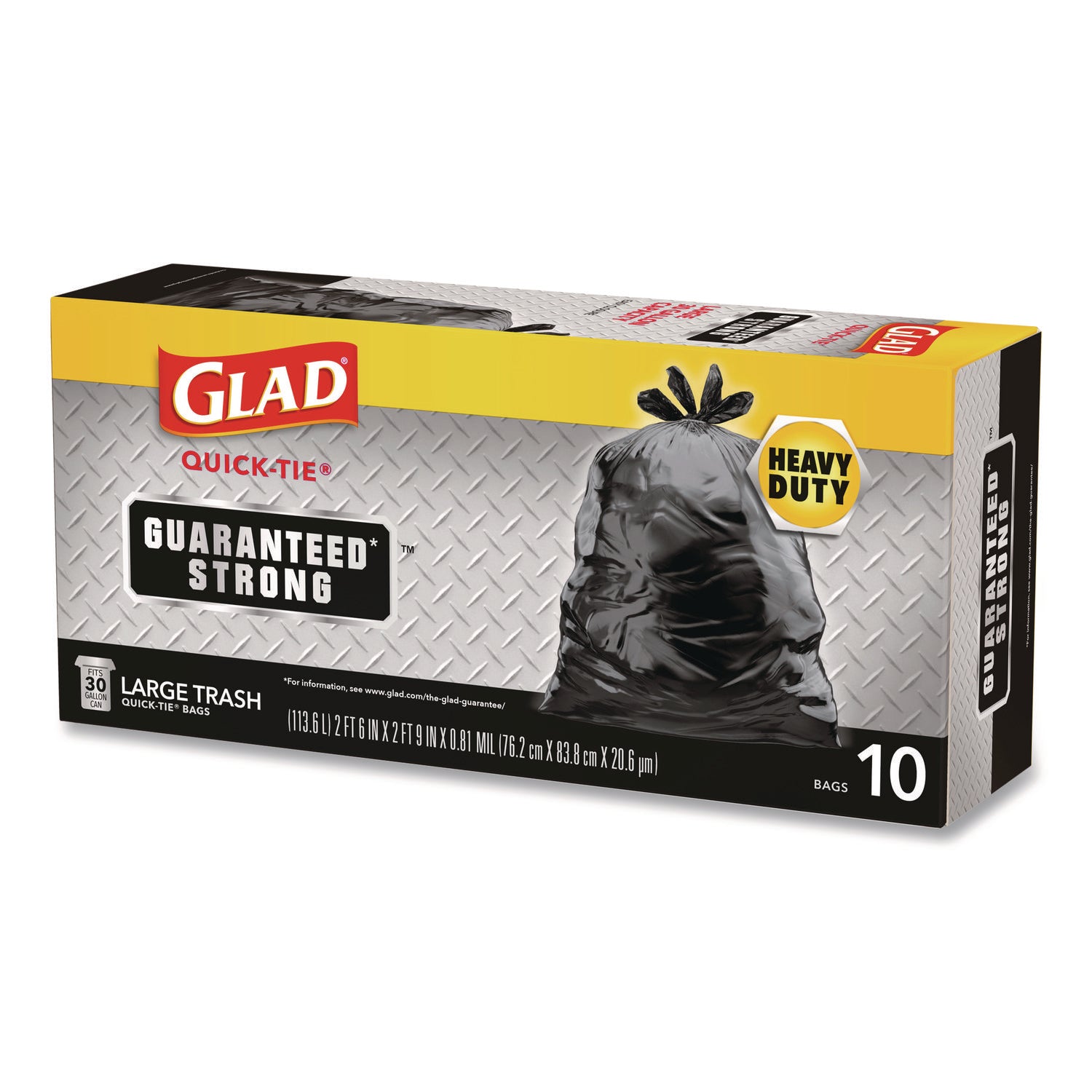 Glad® Large Quick-Tie Trash Bags, Tie-Flap, 30 gal, 0.81 mil, 30 x 33, Black, 10 Bags/Box, 12 Boxes/Carton