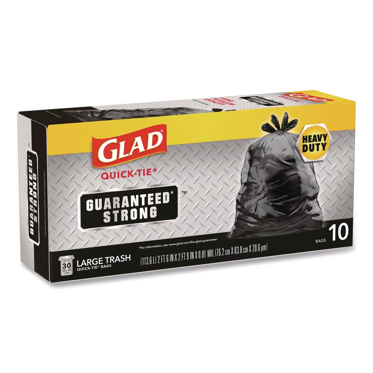 Glad® Large Quick-Tie Trash Bags, Tie-Flap, 30 gal, 0.81 mil, 30 x 33, Black, 10 Bags/Box, 12 Boxes/Carton
