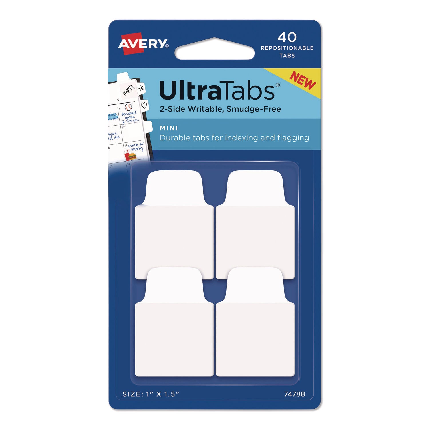 Avery® Ultra Tabs Repositionable Tabs, 1/10-Cut, 1" Wide, White, 40/Pack