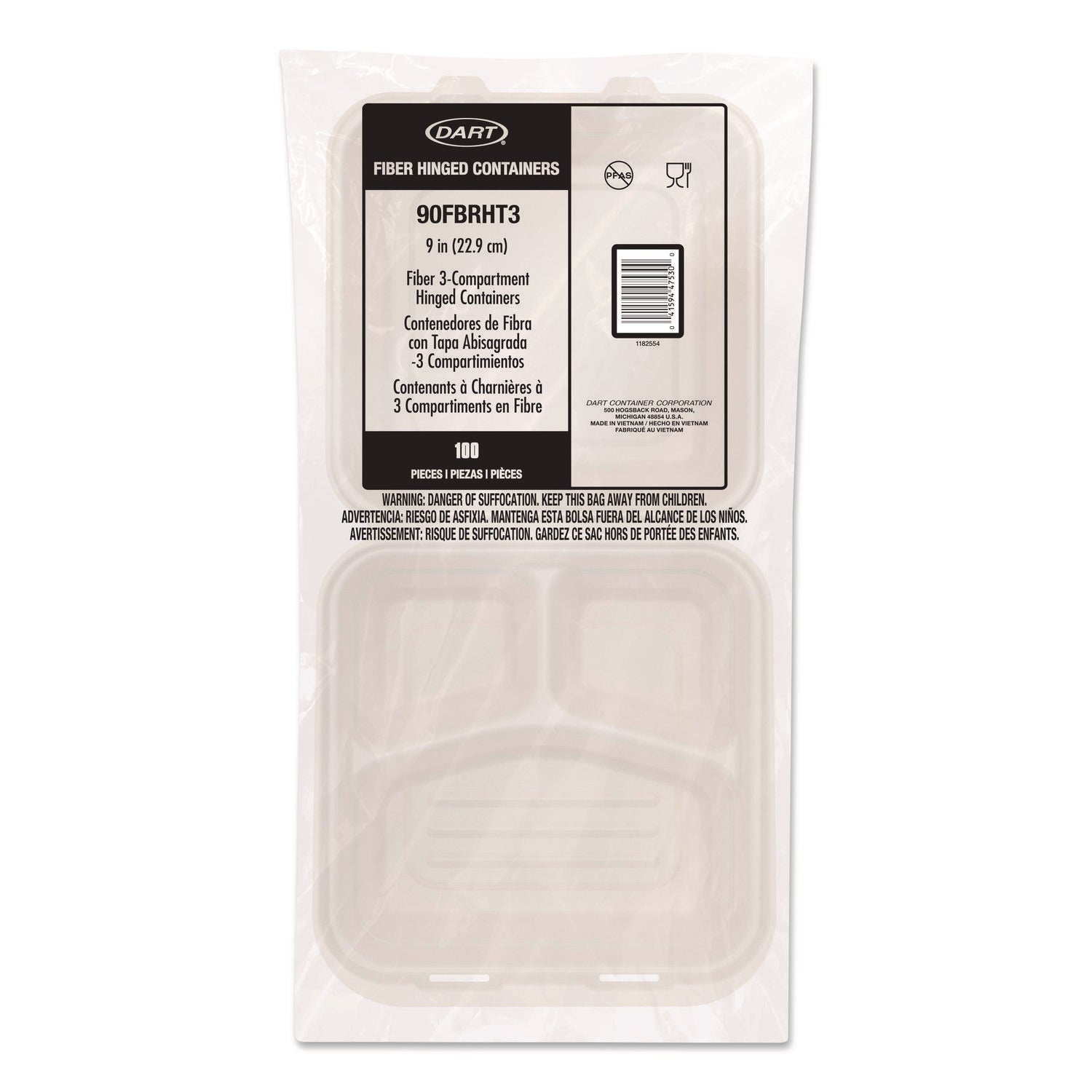 Dart® Compostable Molded Fiber Hinged Trays, ProPlanet Seal, 3 Compartments, 9.14 x 9 x 2.98, Natural, 200/Carton