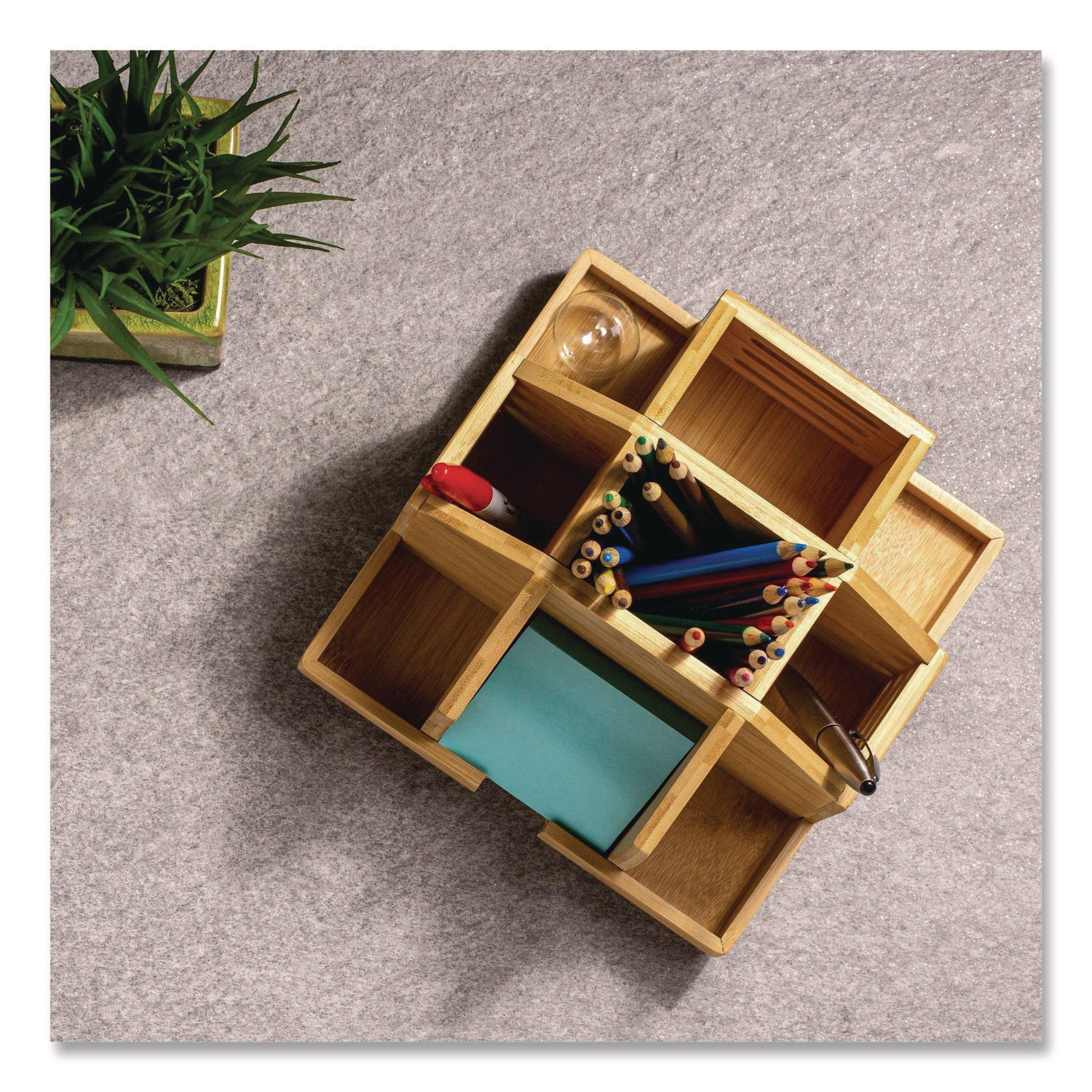 Officemate Bamboo Rotary Organizer, 9 Compartments, 8.85 x 8.82 x 7.4, Brown, Bamboo