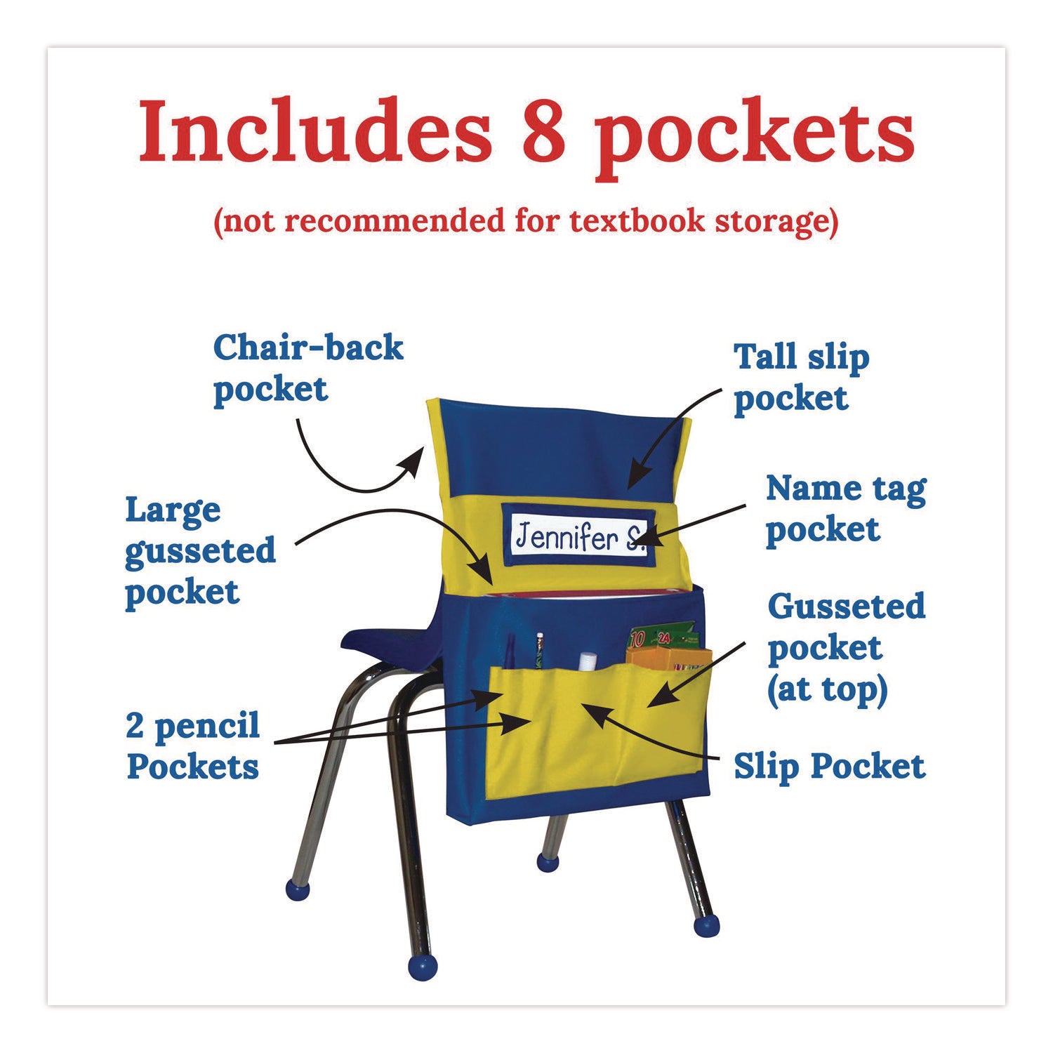 Carson-Dellosa Education Chairback Buddy for Student Chairs with a Back Width Up to 15", Medium, 15 x 1.5 x 19, Fabric, Blue/Yellow