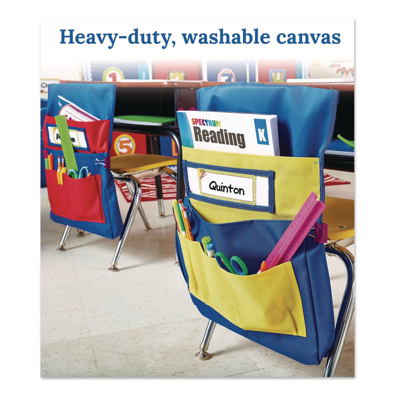 Carson-Dellosa Education Chairback Buddy for Student Chairs with a Back Width Up to 15", Medium, 15 x 1.5 x 19, Fabric, Blue/Yellow