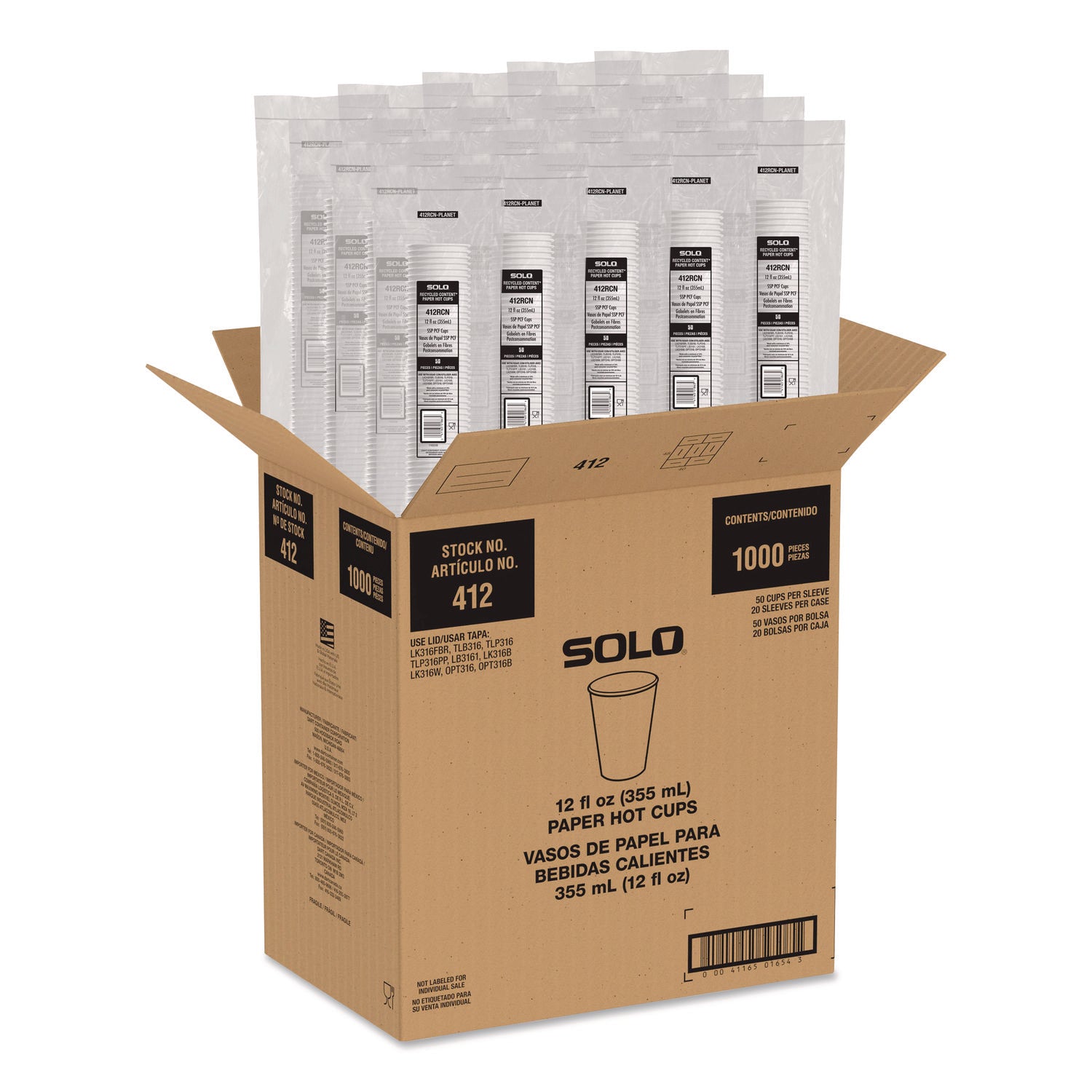 SOLO® Recycled Content PCF Paper Hot Cups, ProPlanet Seal, 12 oz, White/Blue, 1,000/Carton