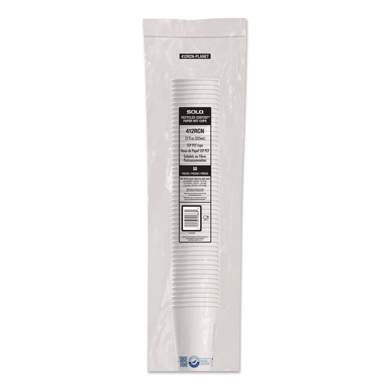 SOLO® Recycled Content PCF Paper Hot Cups, ProPlanet Seal, 12 oz, White/Blue, 1,000/Carton
