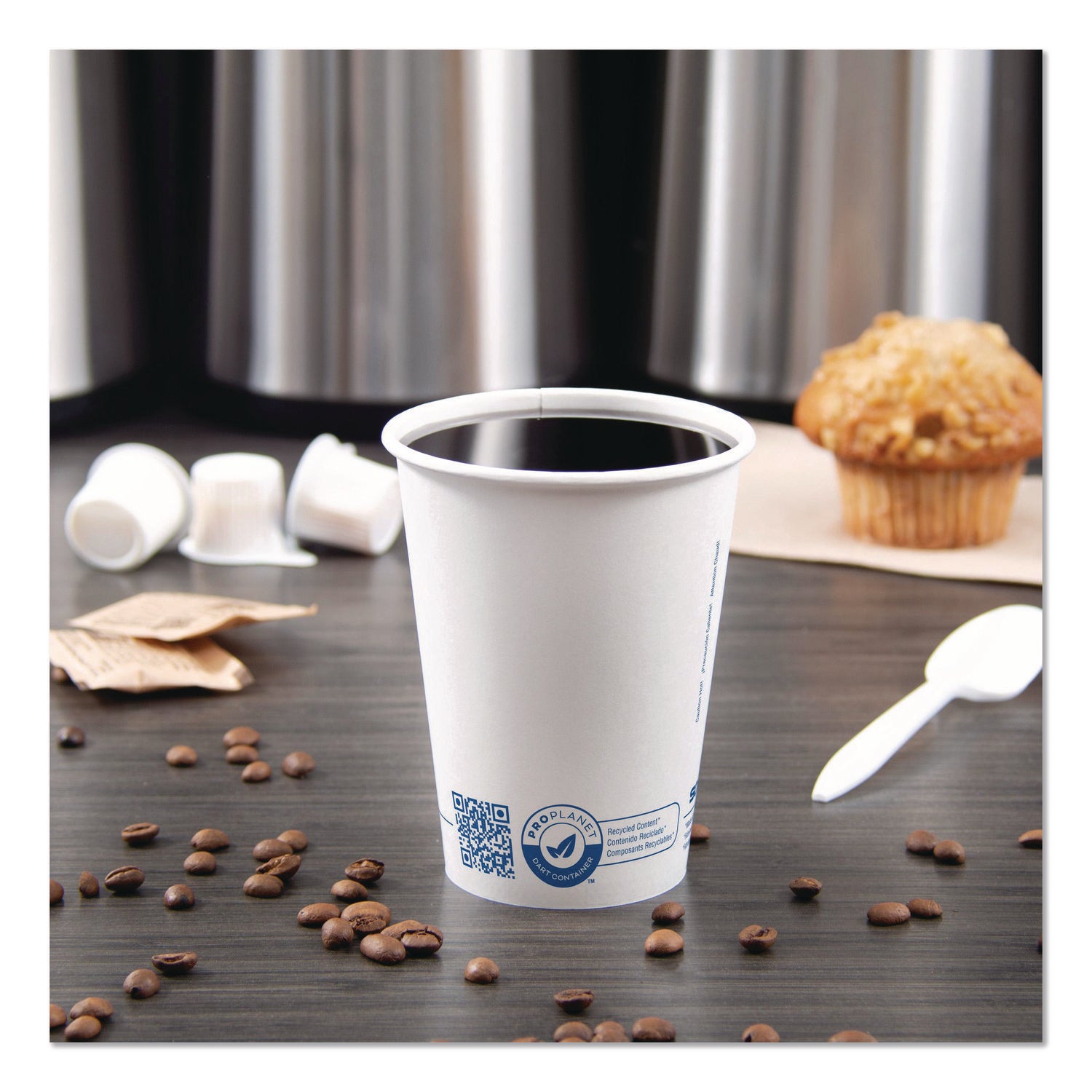 SOLO® Recycled Content PCF Paper Hot Cups, ProPlanet Seal, 12 oz, White/Blue, 1,000/Carton