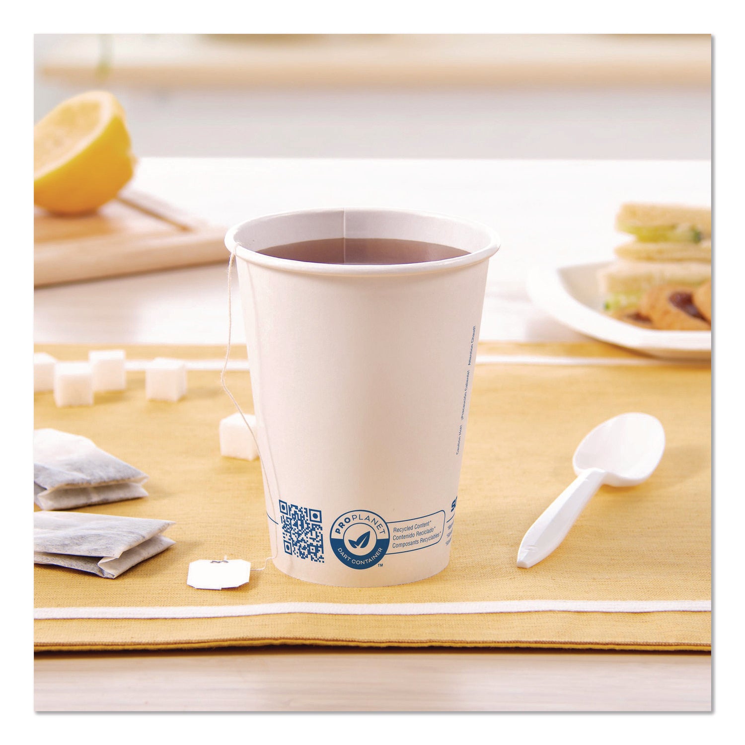SOLO® Recycled Content PCF Paper Hot Cups, ProPlanet Seal, 12 oz, White/Blue, 1,000/Carton
