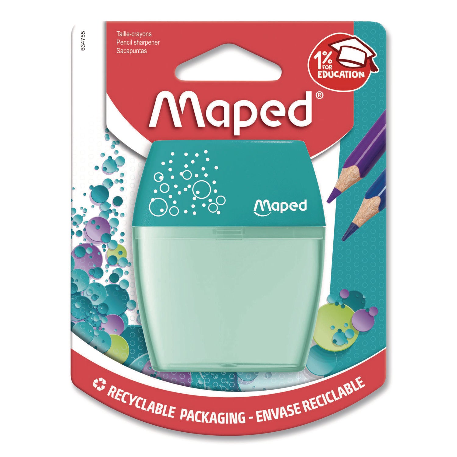 Maped Helix Shaker Two-Hole Canister Pencil Sharpener, 3.74 x 1.02 x 4.92, Randomly Assorted Color