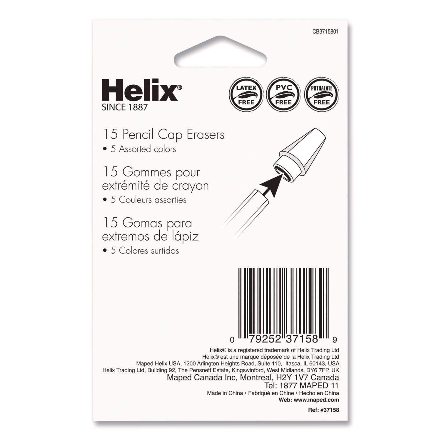 Maped Helix Classic Pencil Cap Erasers, For Pencil Marks, Assorted Colors, 15/Pack