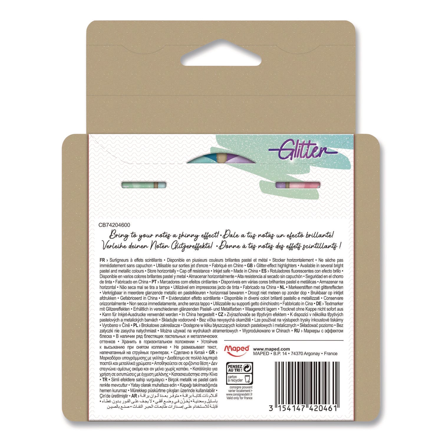 Maped Helix Fluo Peps Pastel Glitter Highlighter, Assorted Ink, Chisel Tip, Assorted Barrel, 4/Pack