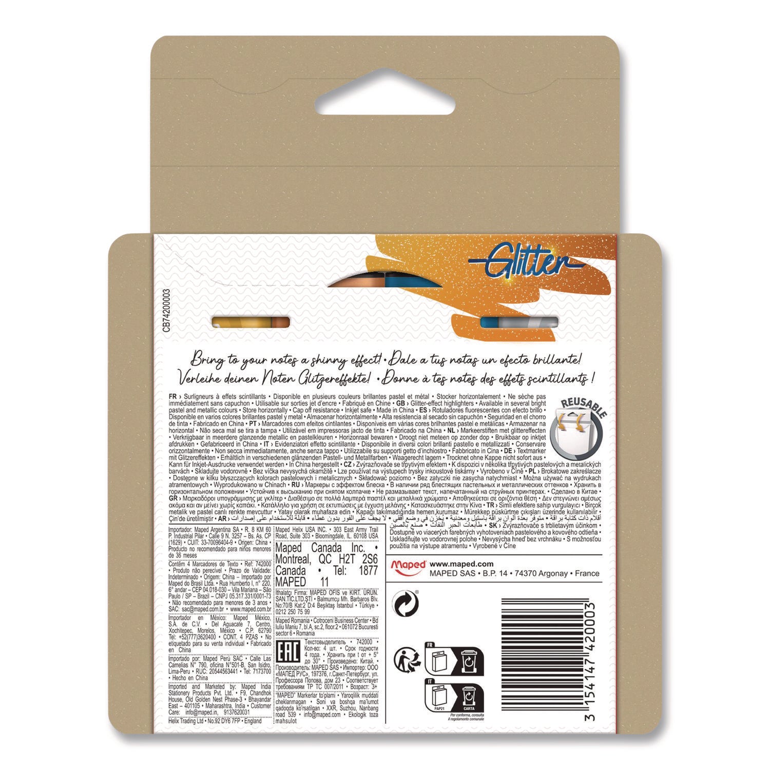 Maped Helix Fluo Peps Metallic Glitter Highlighter, Assorted Ink, Chisel Tip, Assorted Barrel, 4/Pack