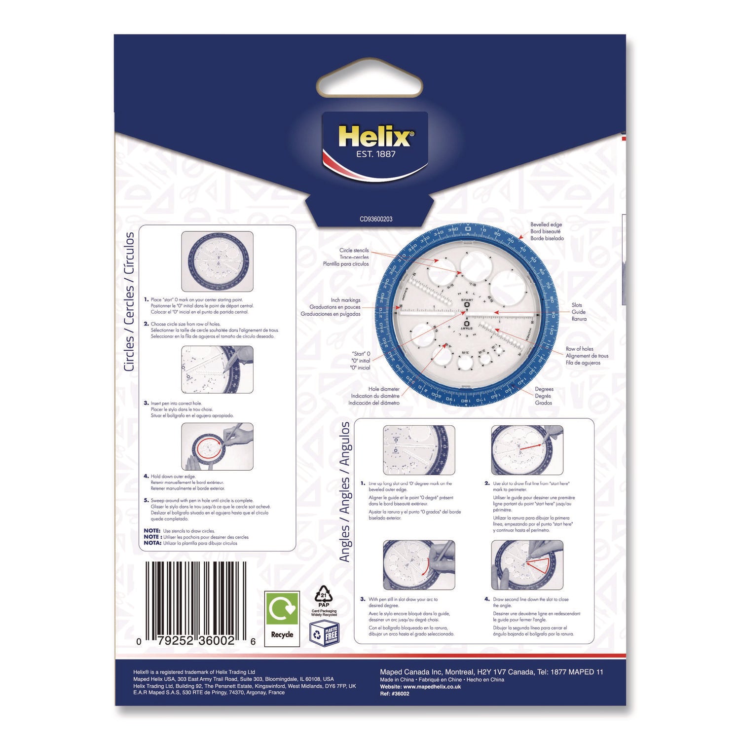 Maped Helix 360° Angle and Circle Maker 2-in-1 Protractor and Compass Tool, 2" Ruler Edge, Plastic, Randomly Assorted Color