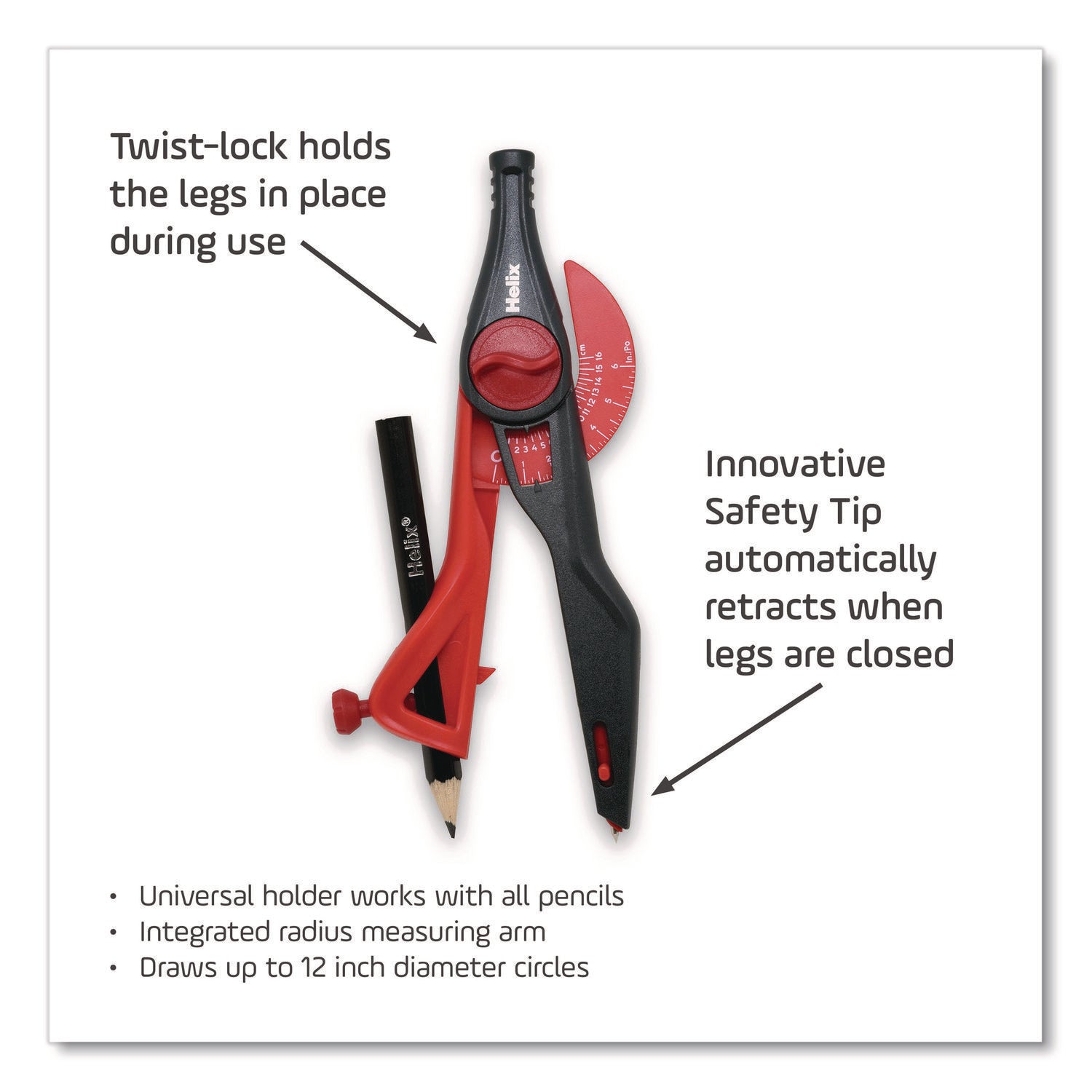 Maped Helix Universal Plastic Locking Compass, 12" Maximum Diameter, Randomly Assorted Colors