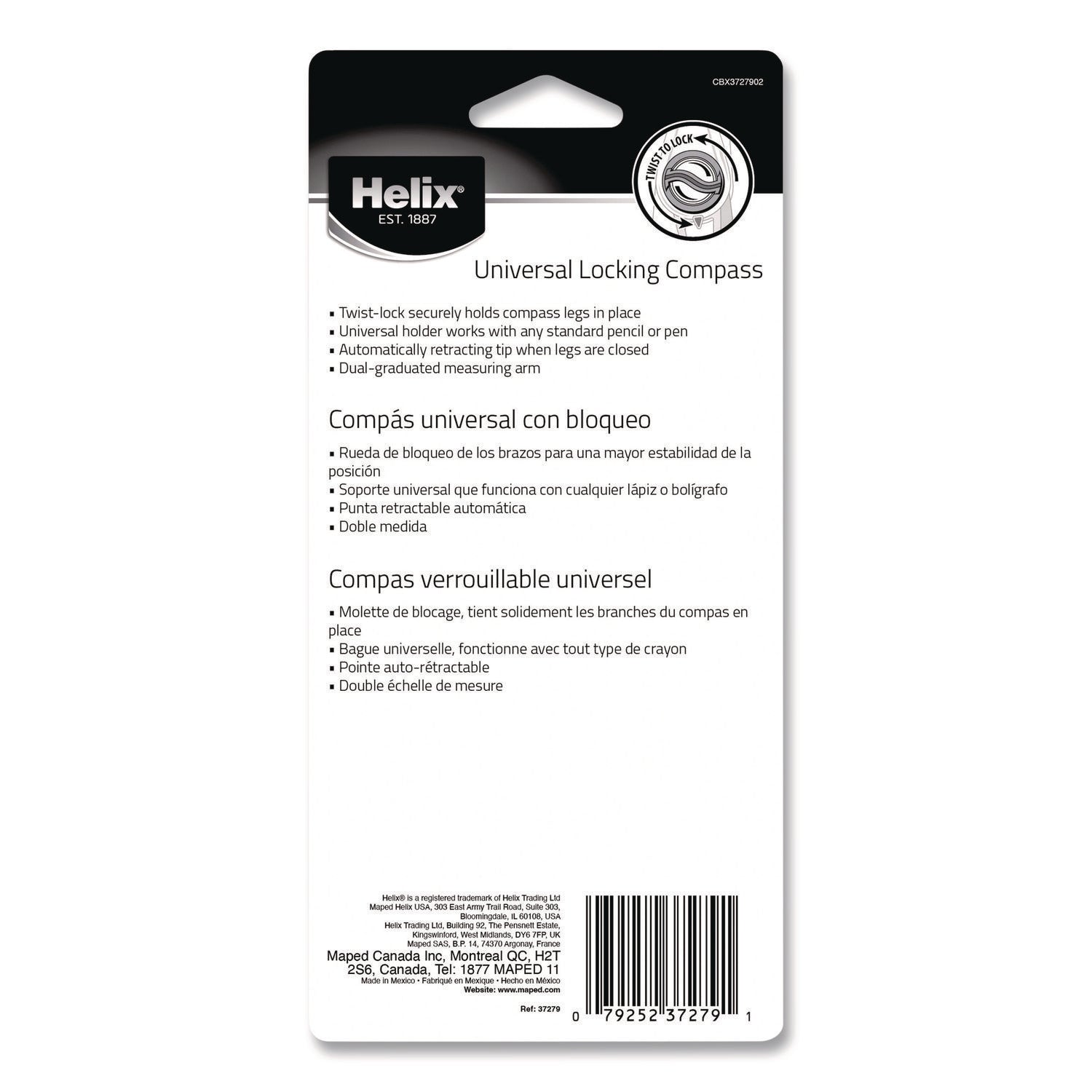 Maped Helix Universal Plastic Locking Compass, 12" Maximum Diameter, Randomly Assorted Colors