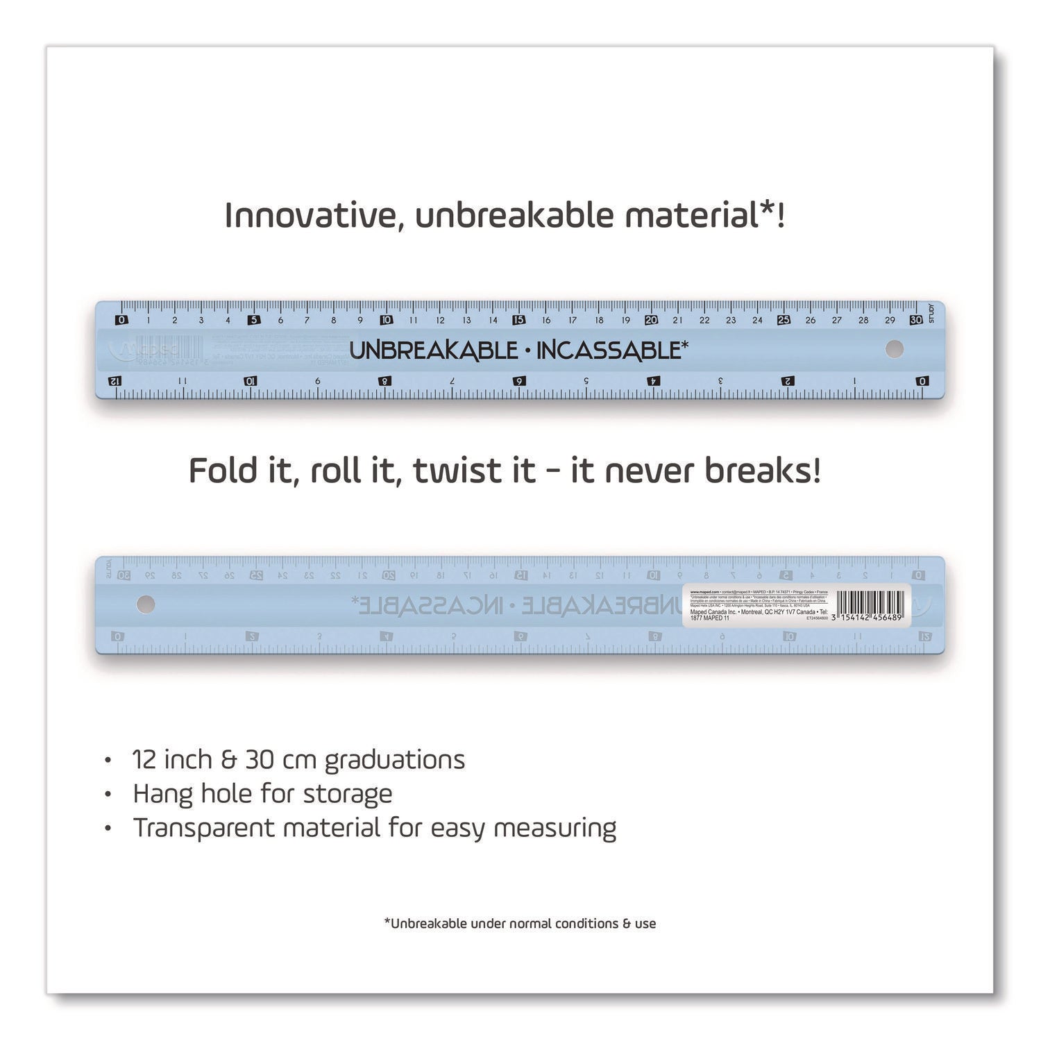 Maped Helix Unbreakable 12" Ruler, Standard/Metric, 12.72" Long, Randomly Assorted Color