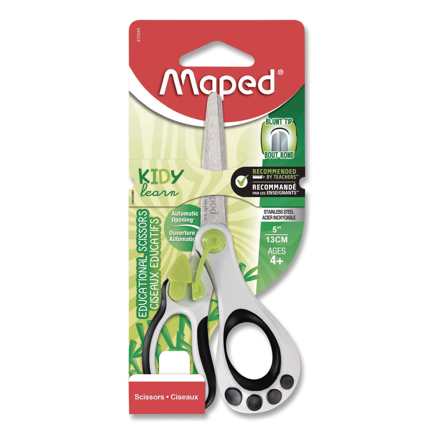 Maped Helix Kidy Spring-Assisted Educational Scissors Rounded Tip, 5.41" Long, 2" Cut Length, Straight White/ Black Handle