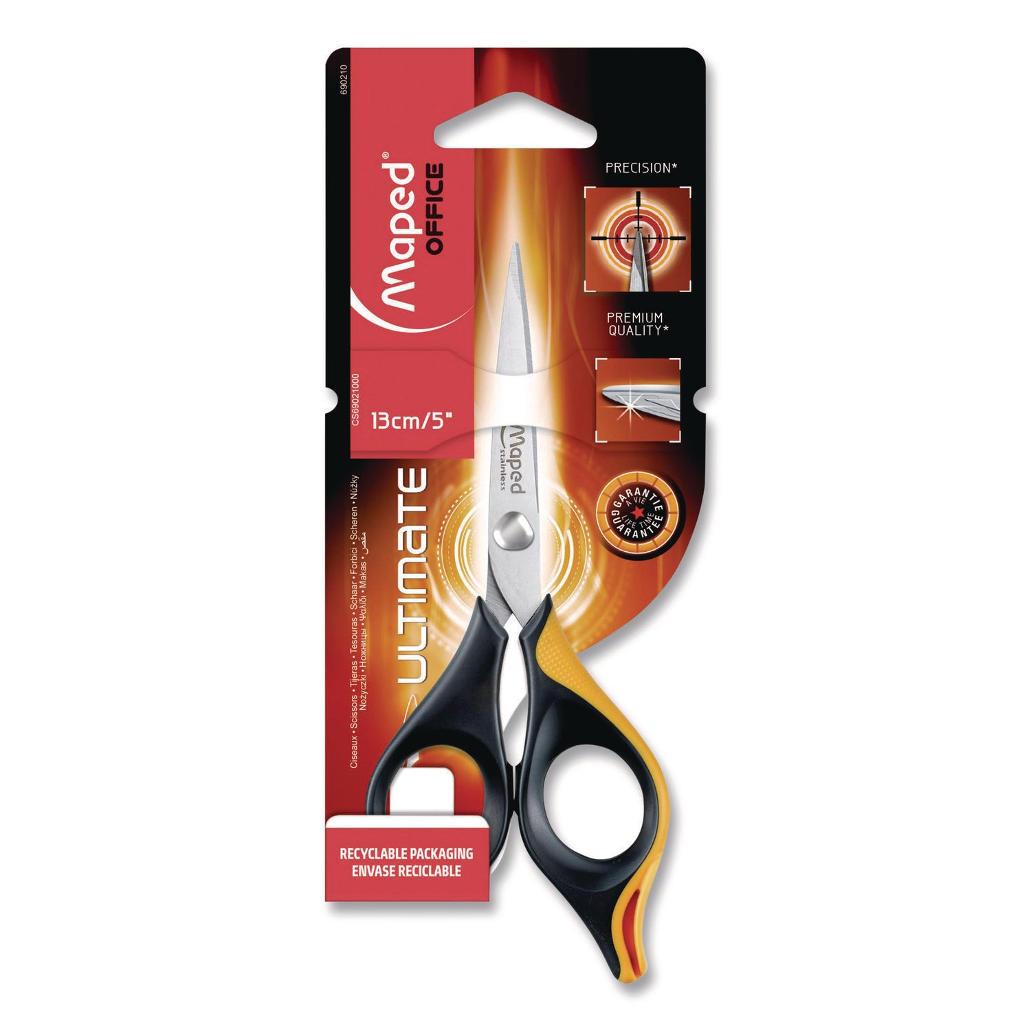 Maped Helix Ultimate Precision Soft Grip Multipurpose Scissors, 5.75" Long, 3" Cut Length, Straight Black/Orange Handle