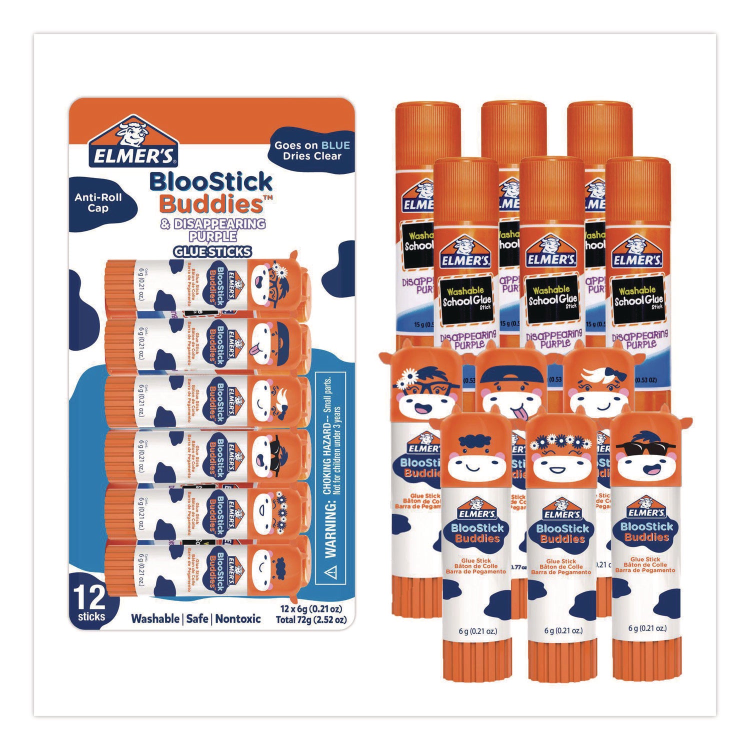 Elmer's® BlooStick Buddies and Disappearing Purple Glue Stick Combo Pack, 0.21 oz, Dries Clear, 12/Pack