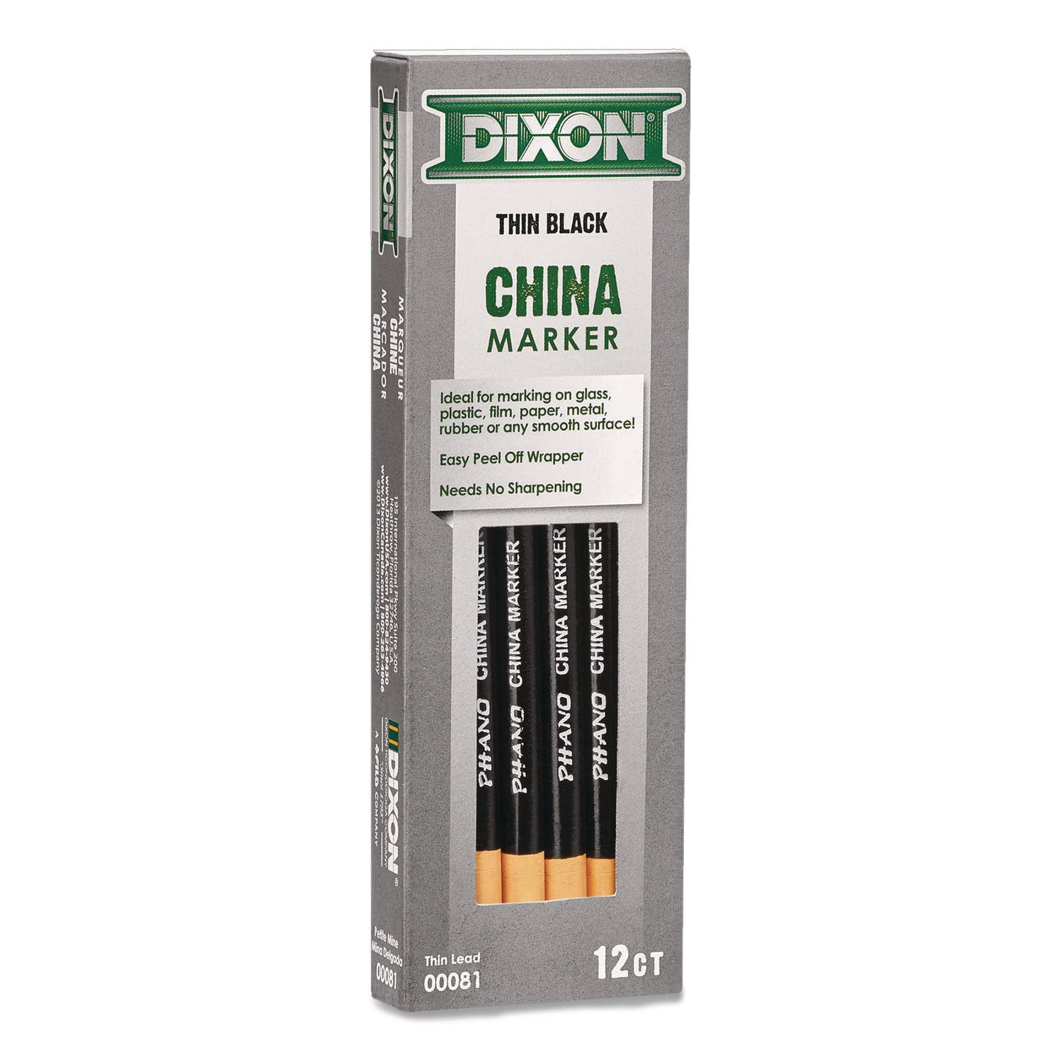 Dixon® China Marker, Black, Thin Lead, 12/Pack