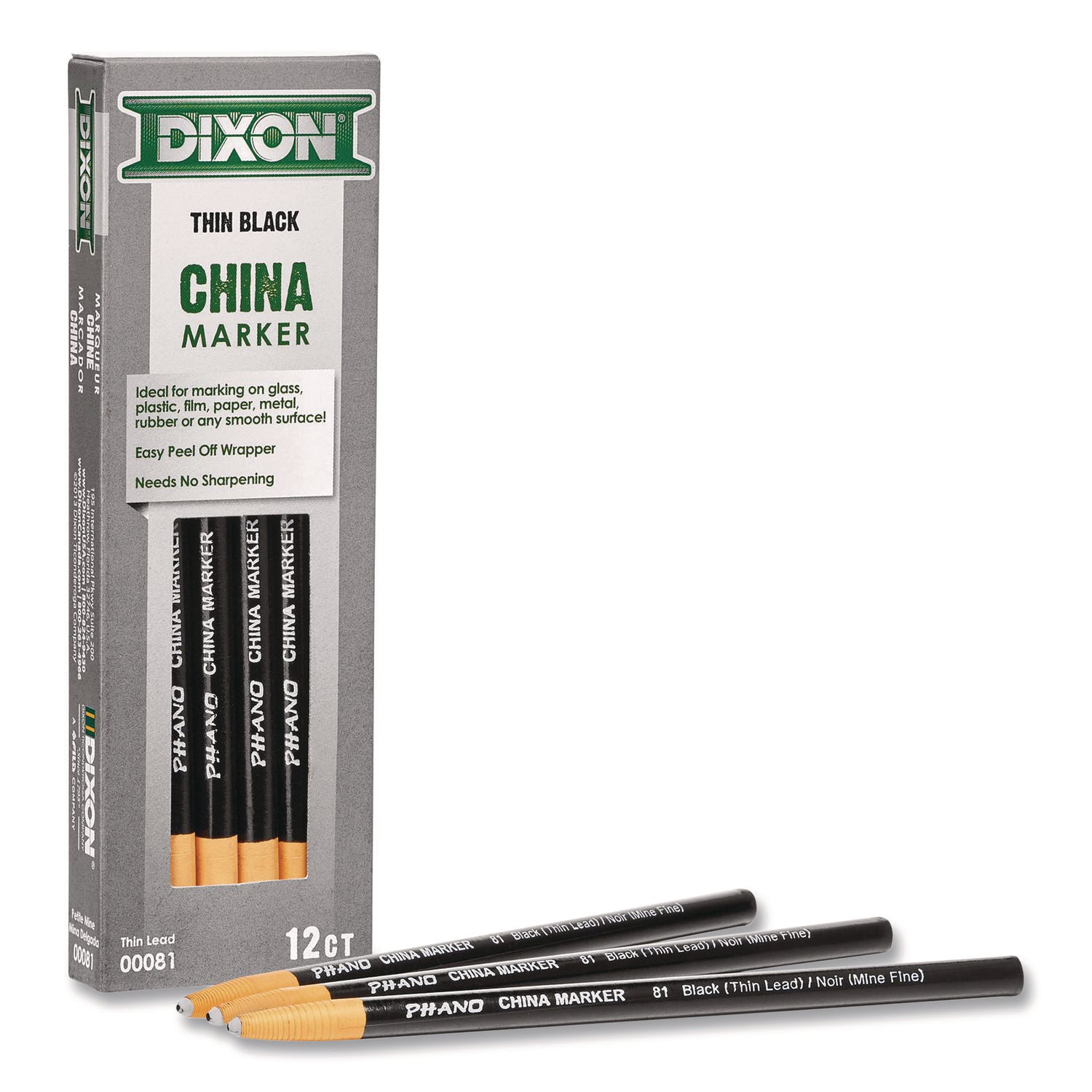 Dixon® China Marker, Black, Thin Lead, 12/Pack