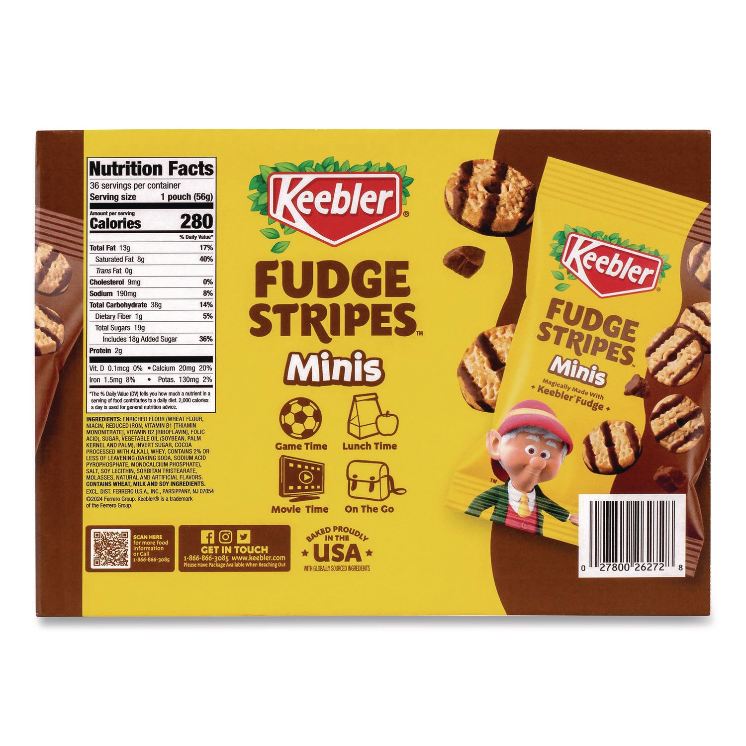 Keebler® Mini Cookies, Fudge Stripes, 2 oz Pouch, 36/Box