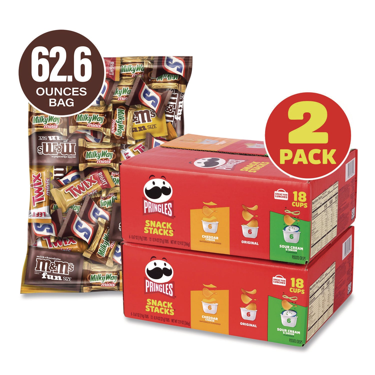 MARS Mini Milk Chocolate and Pringles Snack Stacks Variety Combo Pack, 62 oz Bag Mini/Fun Size, (36) Cups Assorted Flavors/Bundle